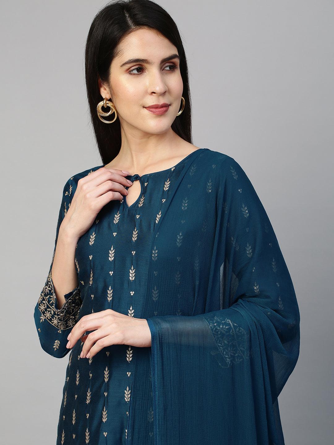 Festive Embroidered Kurta and Pant with Dupatta - Teal Blue - Indiakreations