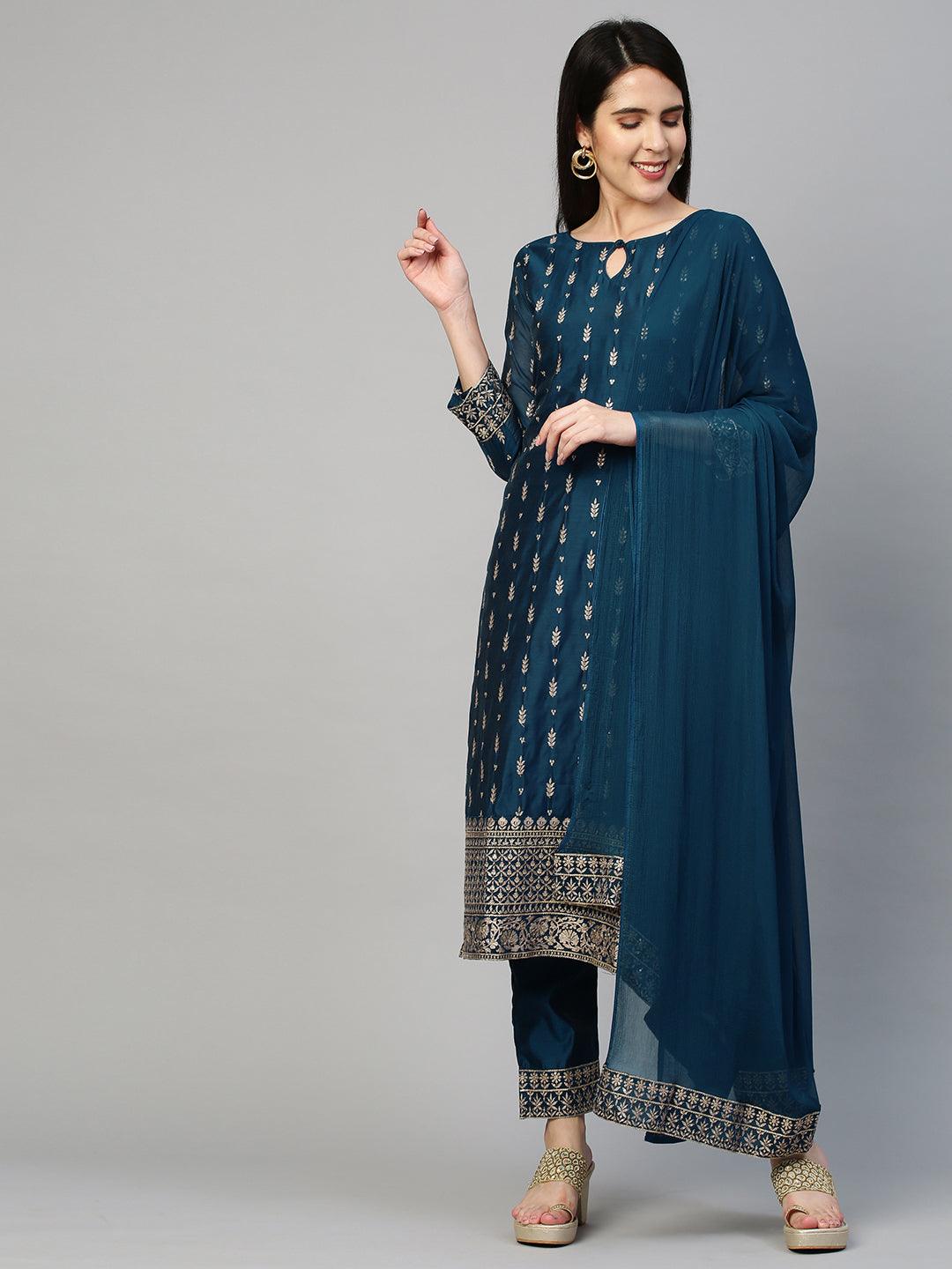 Festive Embroidered Kurta and Pant with Dupatta - Teal Blue - Indiakreations