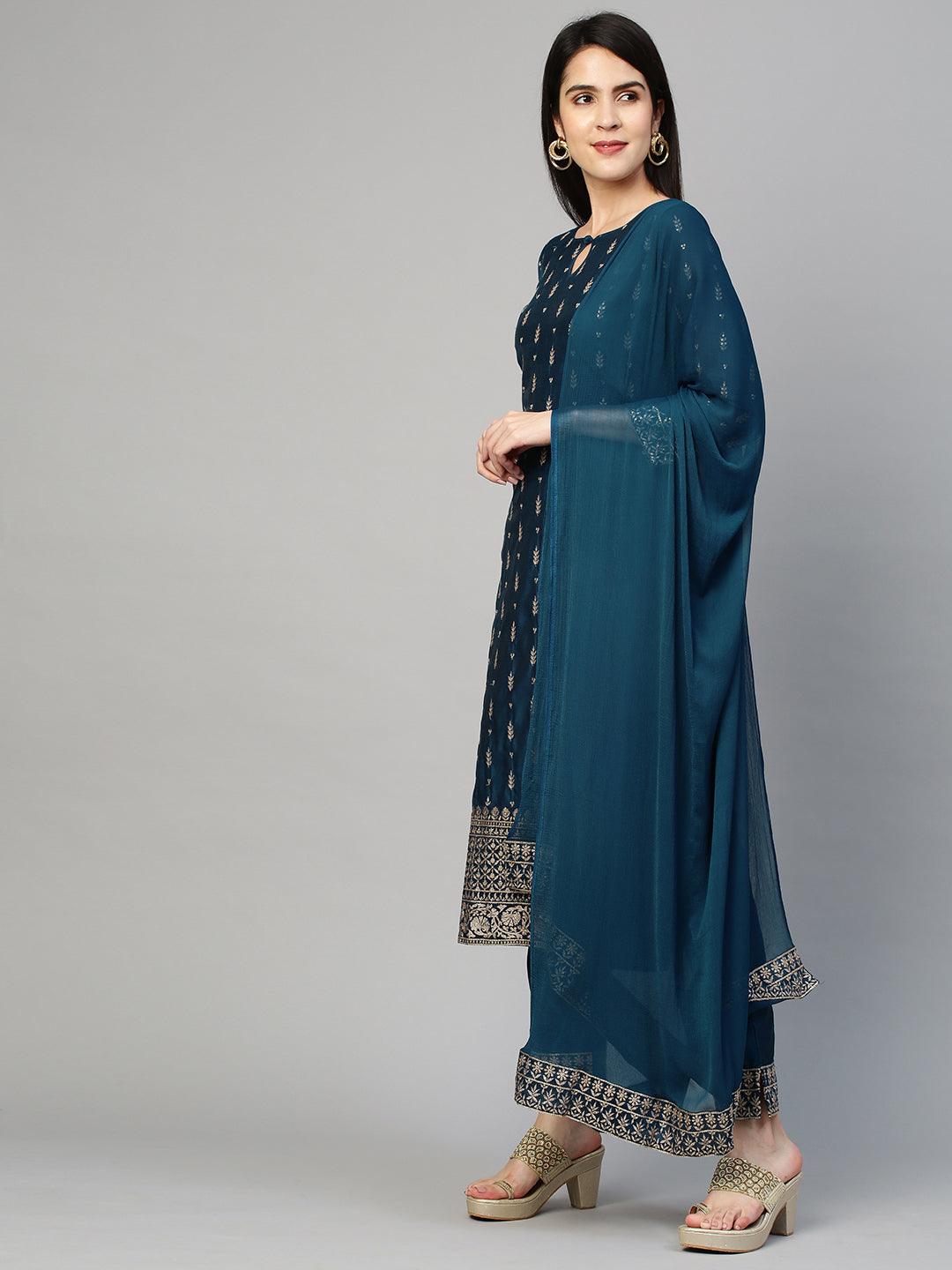 Festive Embroidered Kurta and Pant with Dupatta - Teal Blue - Indiakreations