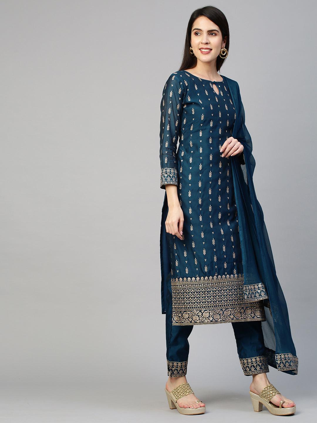 Festive Embroidered Kurta and Pant with Dupatta - Teal Blue - Indiakreations