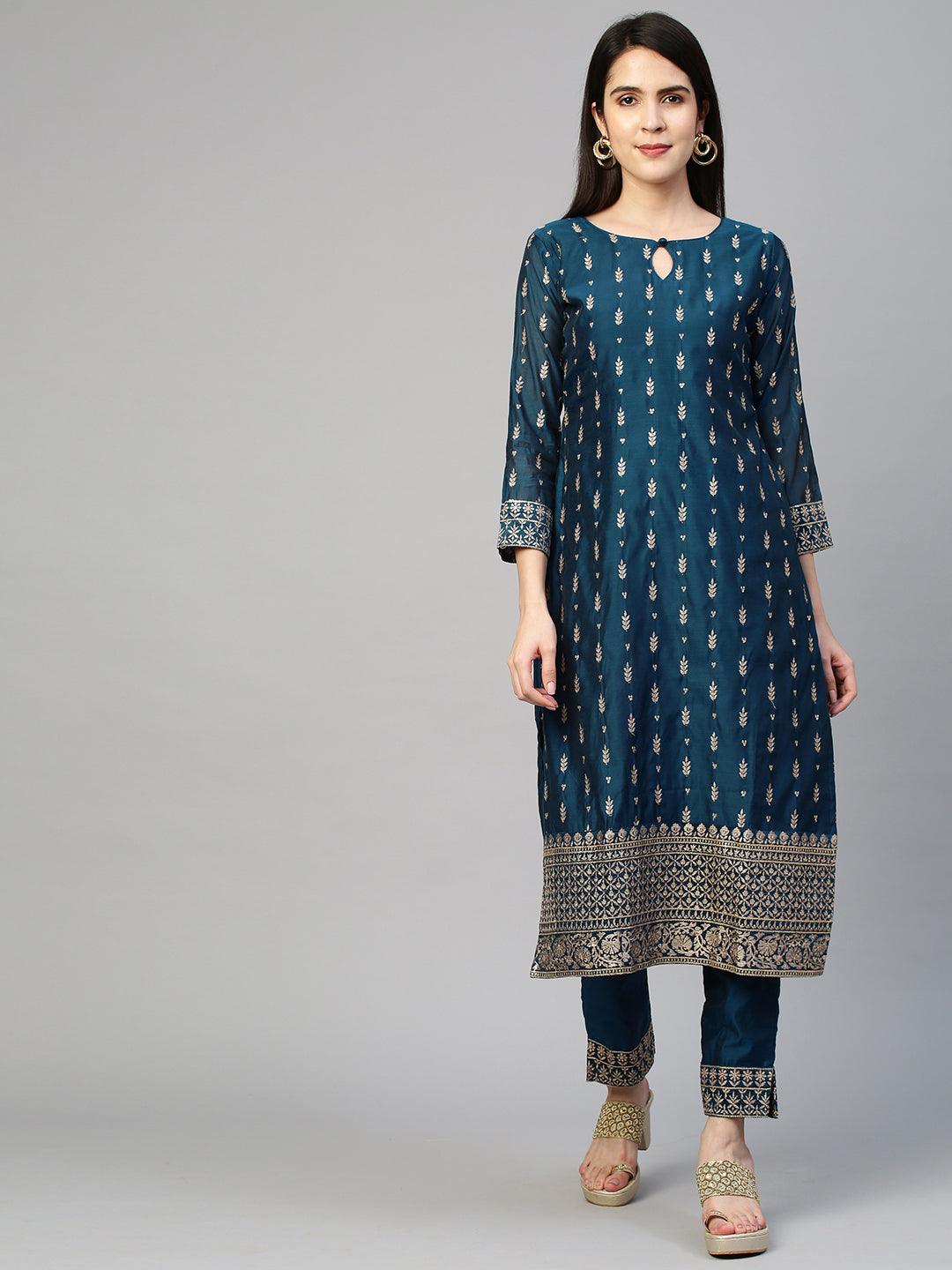 Festive Embroidered Kurta and Pant with Dupatta - Teal Blue - Indiakreations