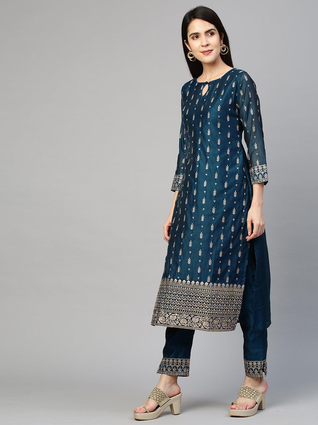 Festive Embroidered Kurta and Pant with Dupatta - Teal Blue - Indiakreations