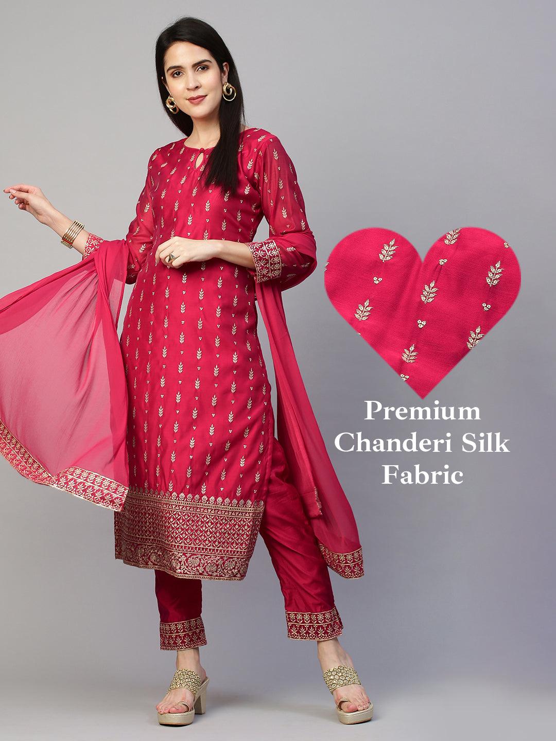 Festive Embroidered Kurta and Pant with Dupatta - Cerise Pink - Indiakreations