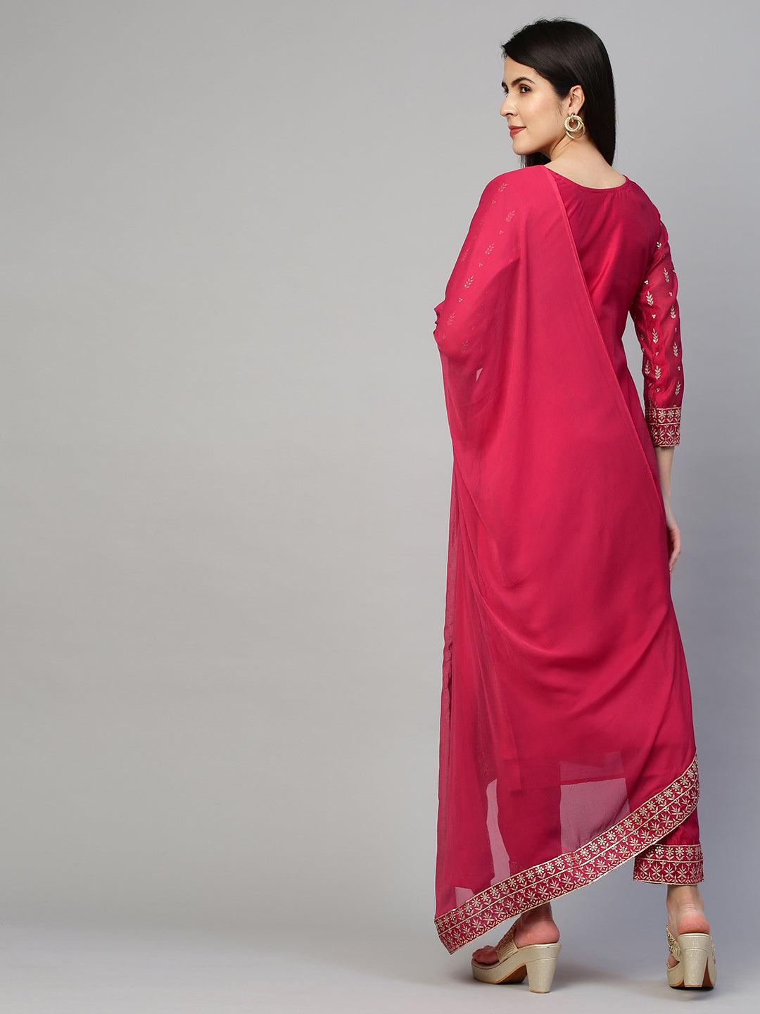 Festive Embroidered Kurta and Pant with Dupatta - Cerise Pink - Indiakreations