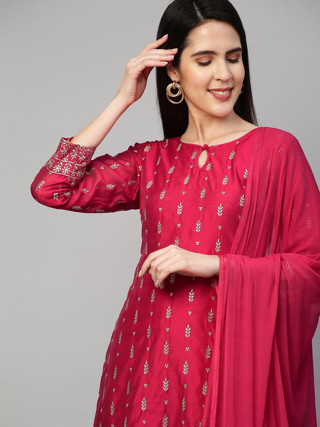 Festive Embroidered Kurta and Pant with Dupatta - Cerise Pink - Indiakreations