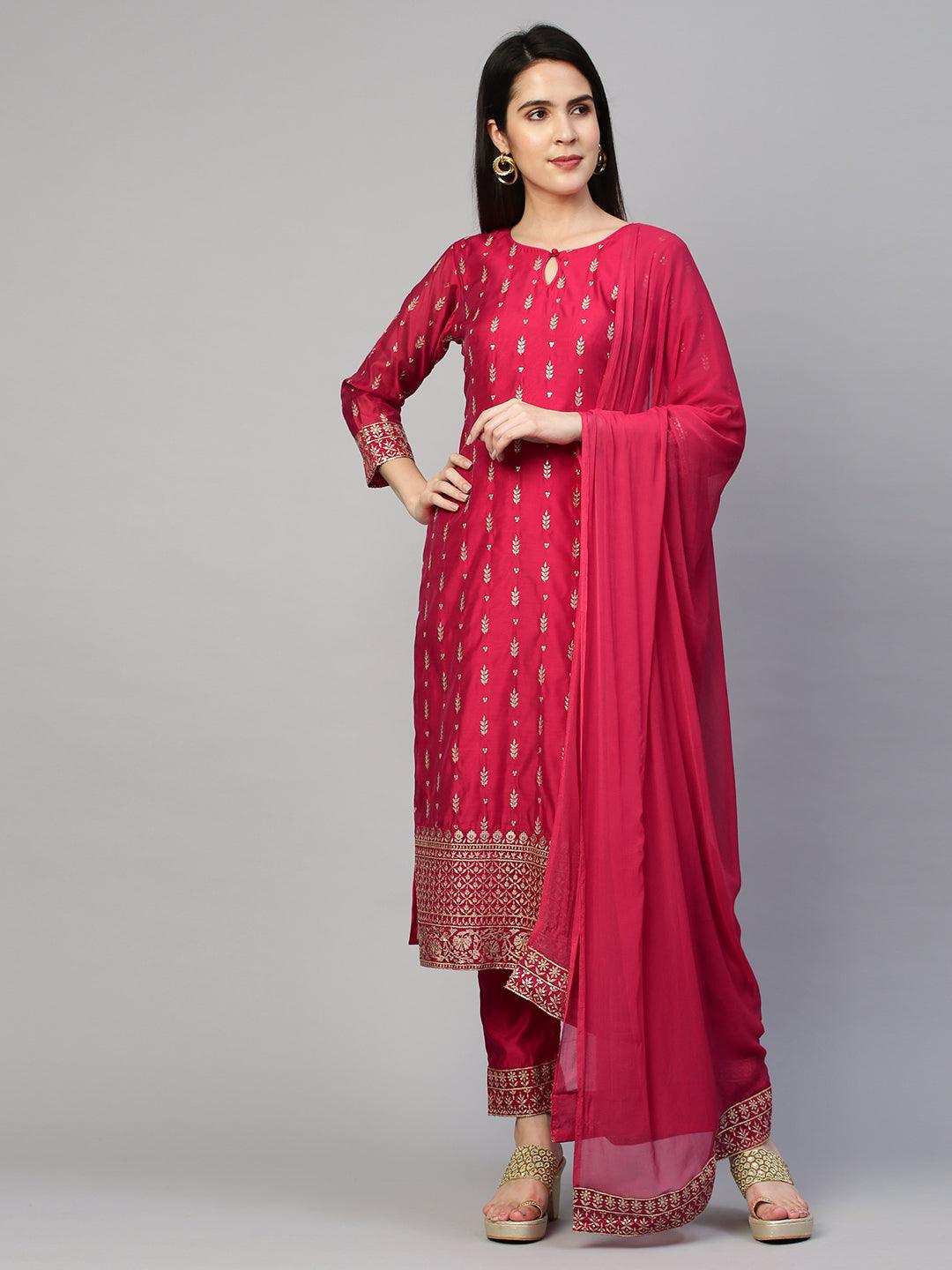 Festive Embroidered Kurta and Pant with Dupatta - Cerise Pink - Indiakreations