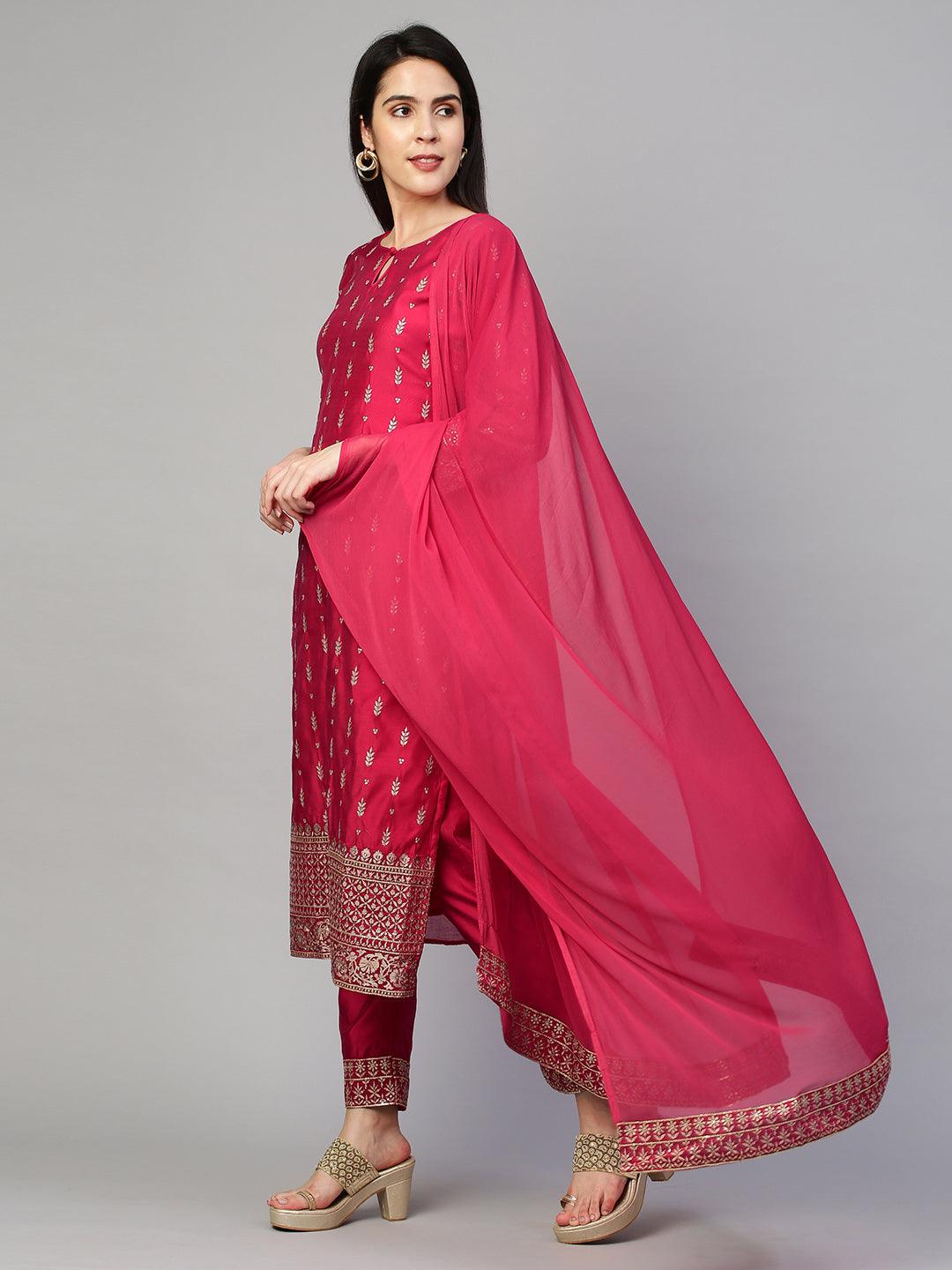 Festive Embroidered Kurta and Pant with Dupatta - Cerise Pink - Indiakreations