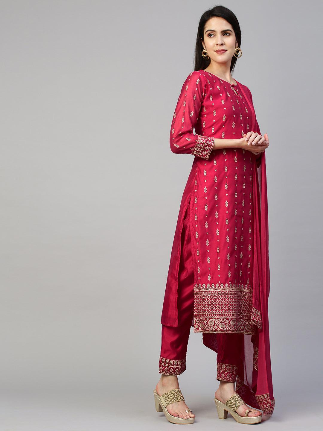 Festive Embroidered Kurta and Pant with Dupatta - Cerise Pink - Indiakreations