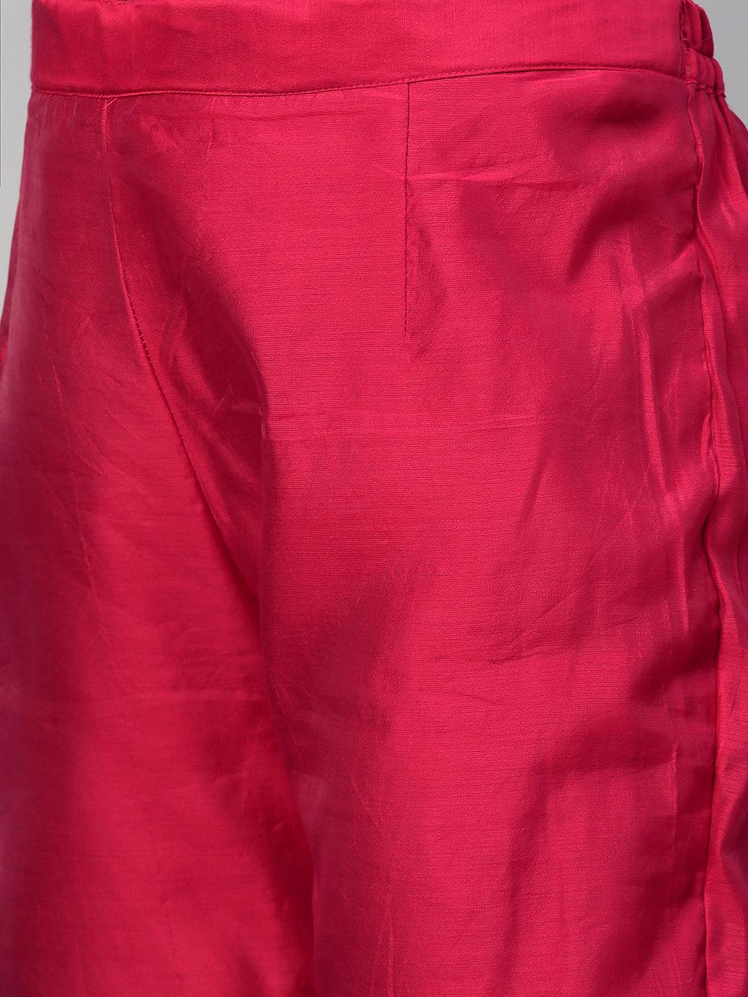 Festive Embroidered Kurta and Pant with Dupatta - Cerise Pink - Indiakreations