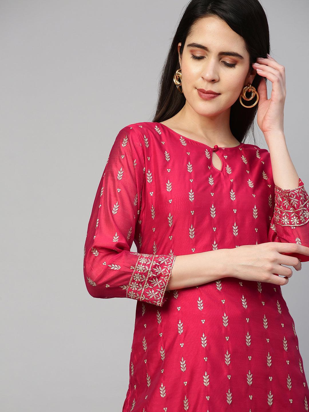 Festive Embroidered Kurta and Pant with Dupatta - Cerise Pink - Indiakreations