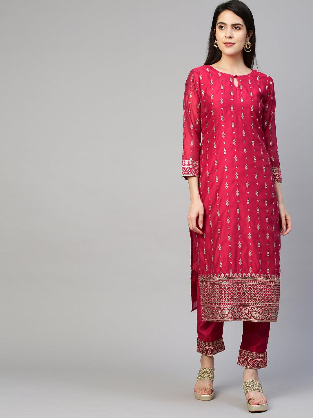 Festive Embroidered Kurta and Pant with Dupatta - Cerise Pink - Indiakreations