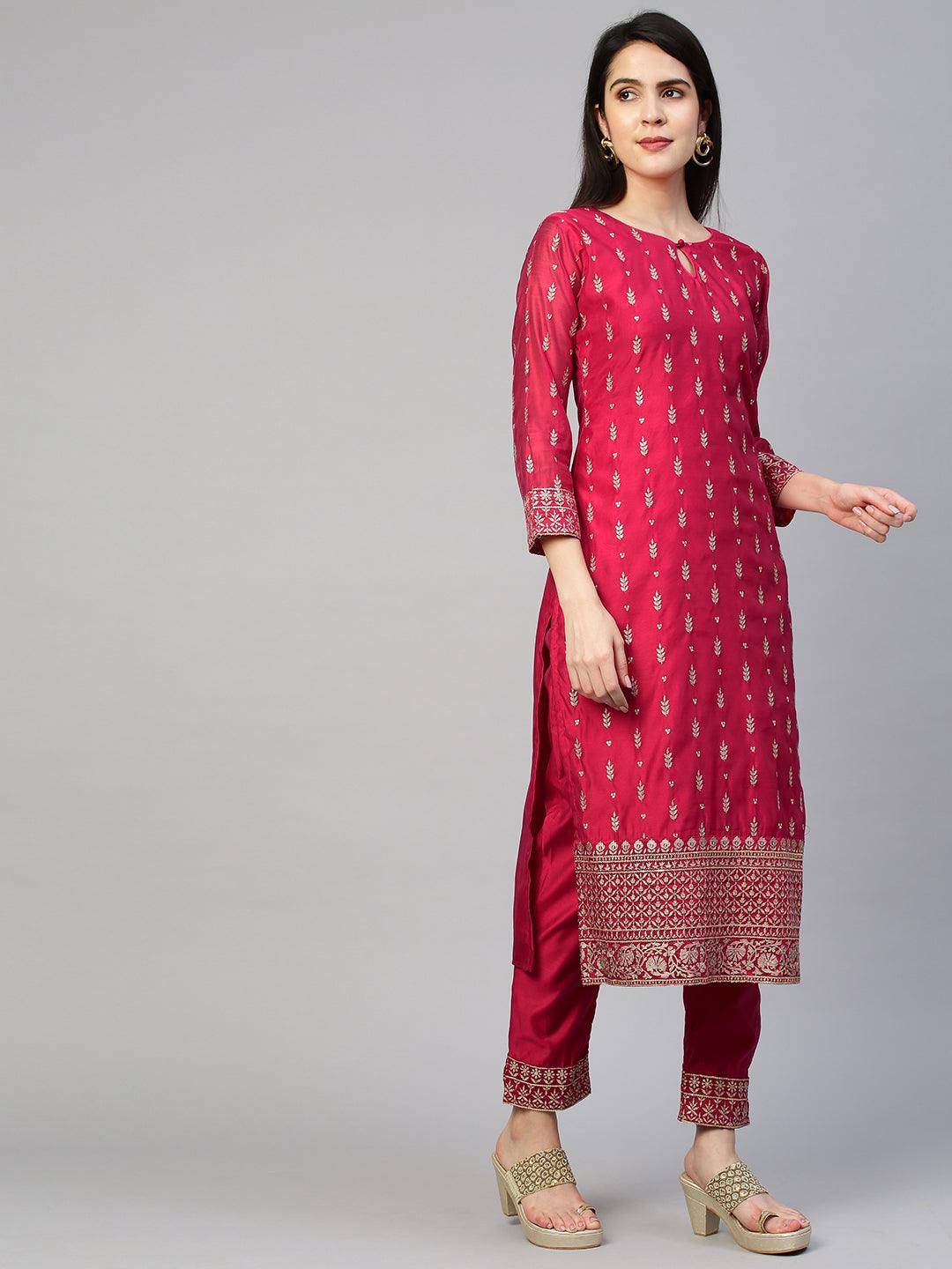 Festive Embroidered Kurta and Pant with Dupatta - Cerise Pink - Indiakreations