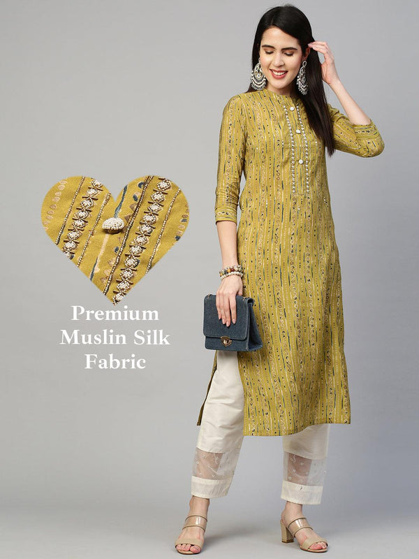 Ethnic Printed & Embroidered Kurta - Olive Green - Indiakreations