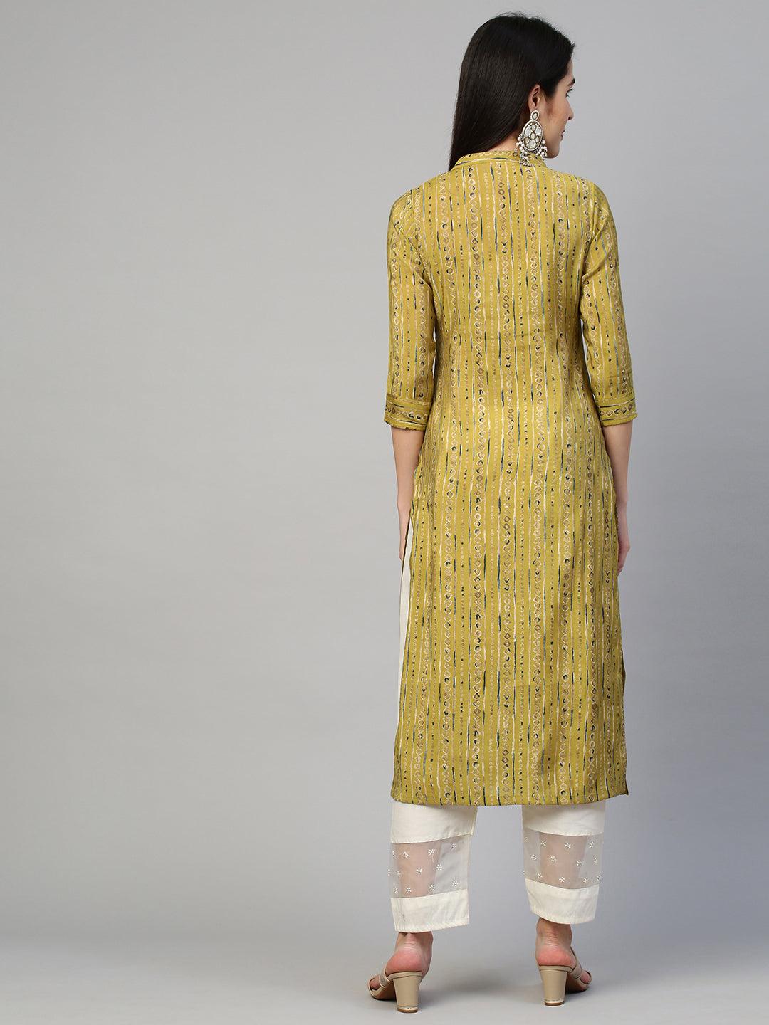 Ethnic Printed & Embroidered Kurta - Olive Green - Indiakreations