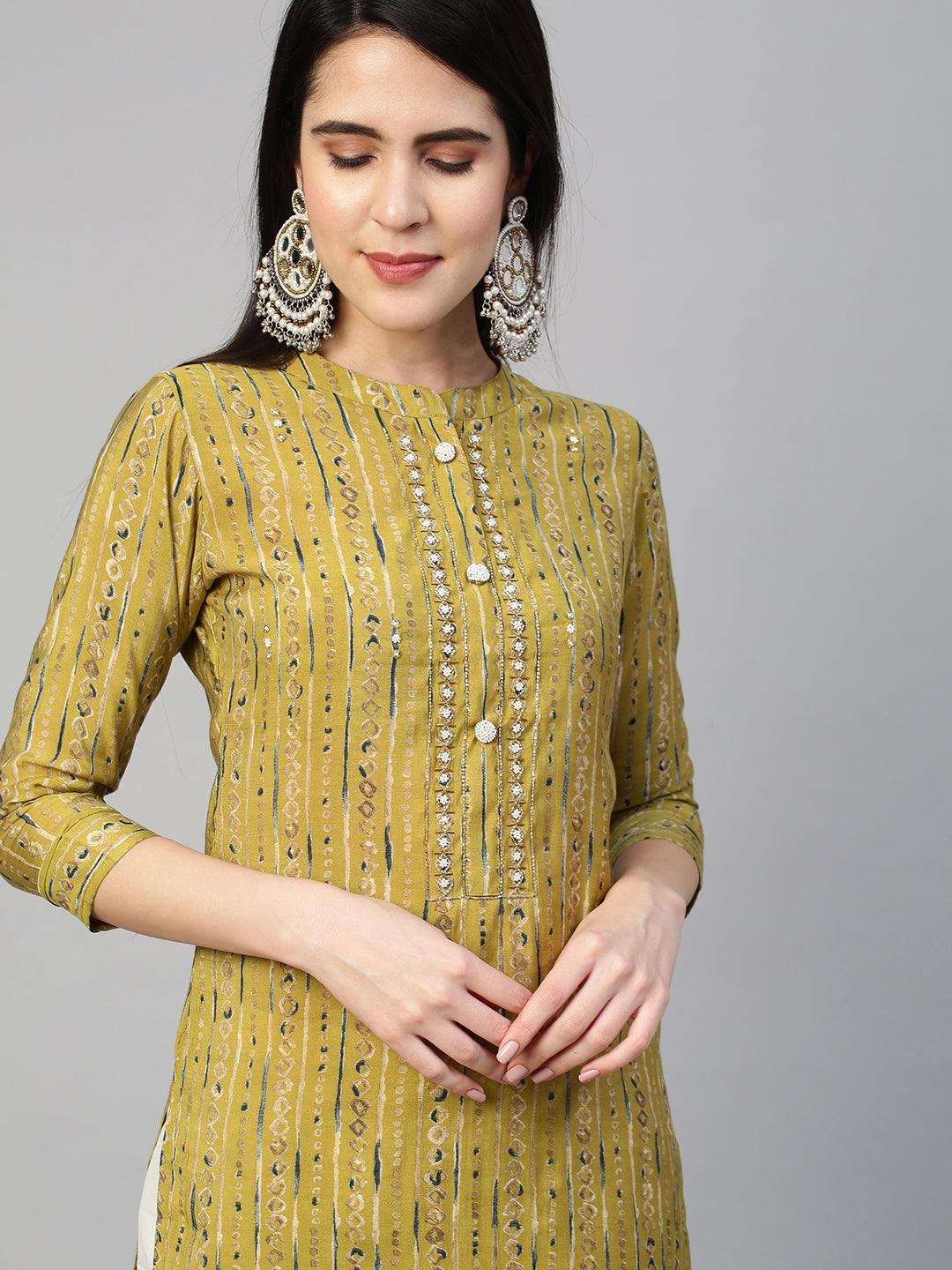 Ethnic Printed & Embroidered Kurta - Olive Green - Indiakreations