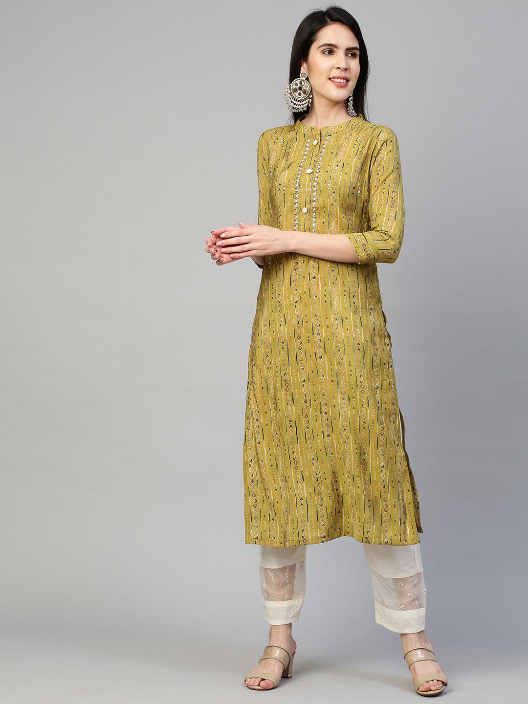 Ethnic Printed & Embroidered Kurta - Olive Green - Indiakreations