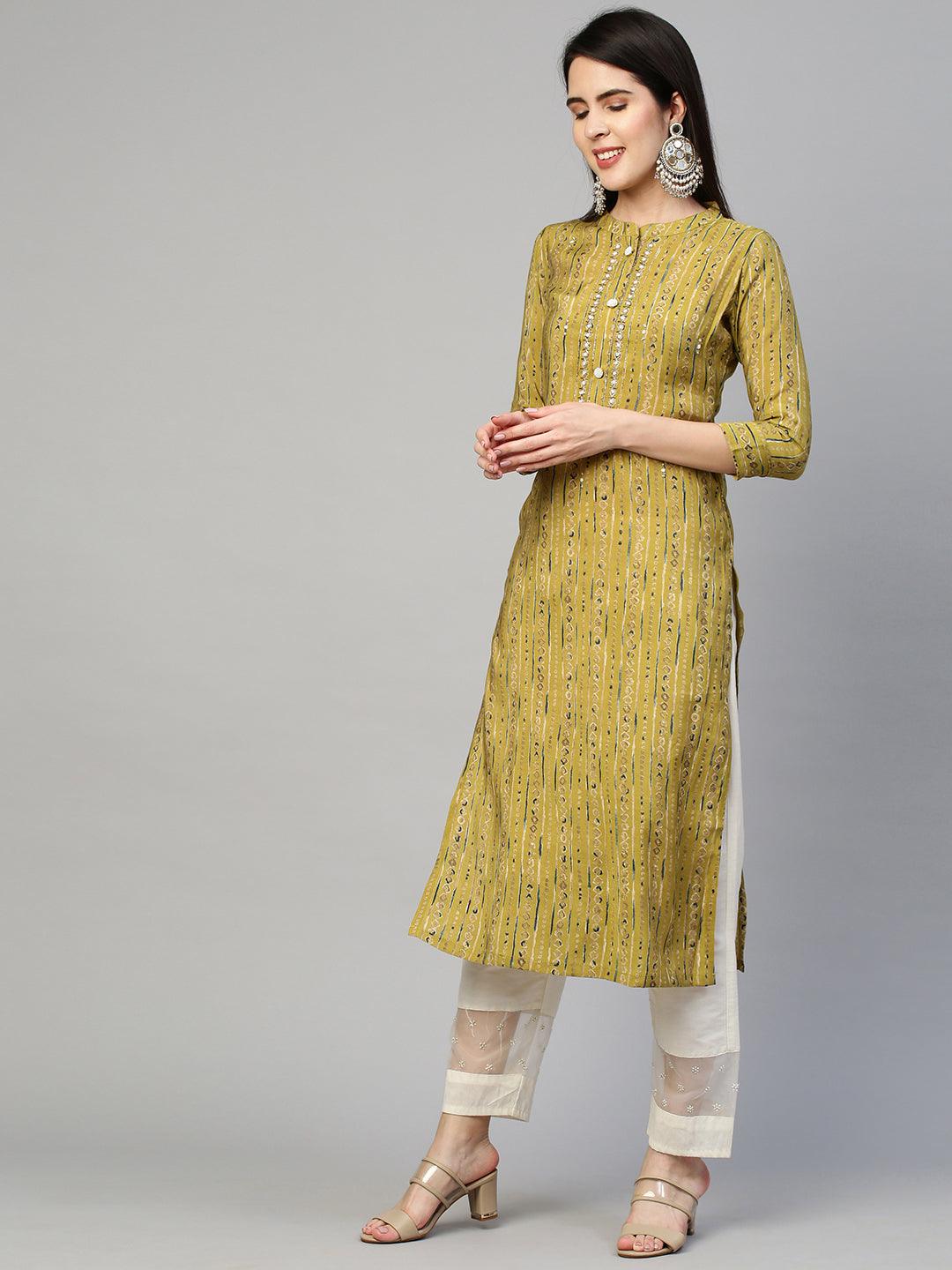 Ethnic Printed & Embroidered Kurta - Olive Green - Indiakreations