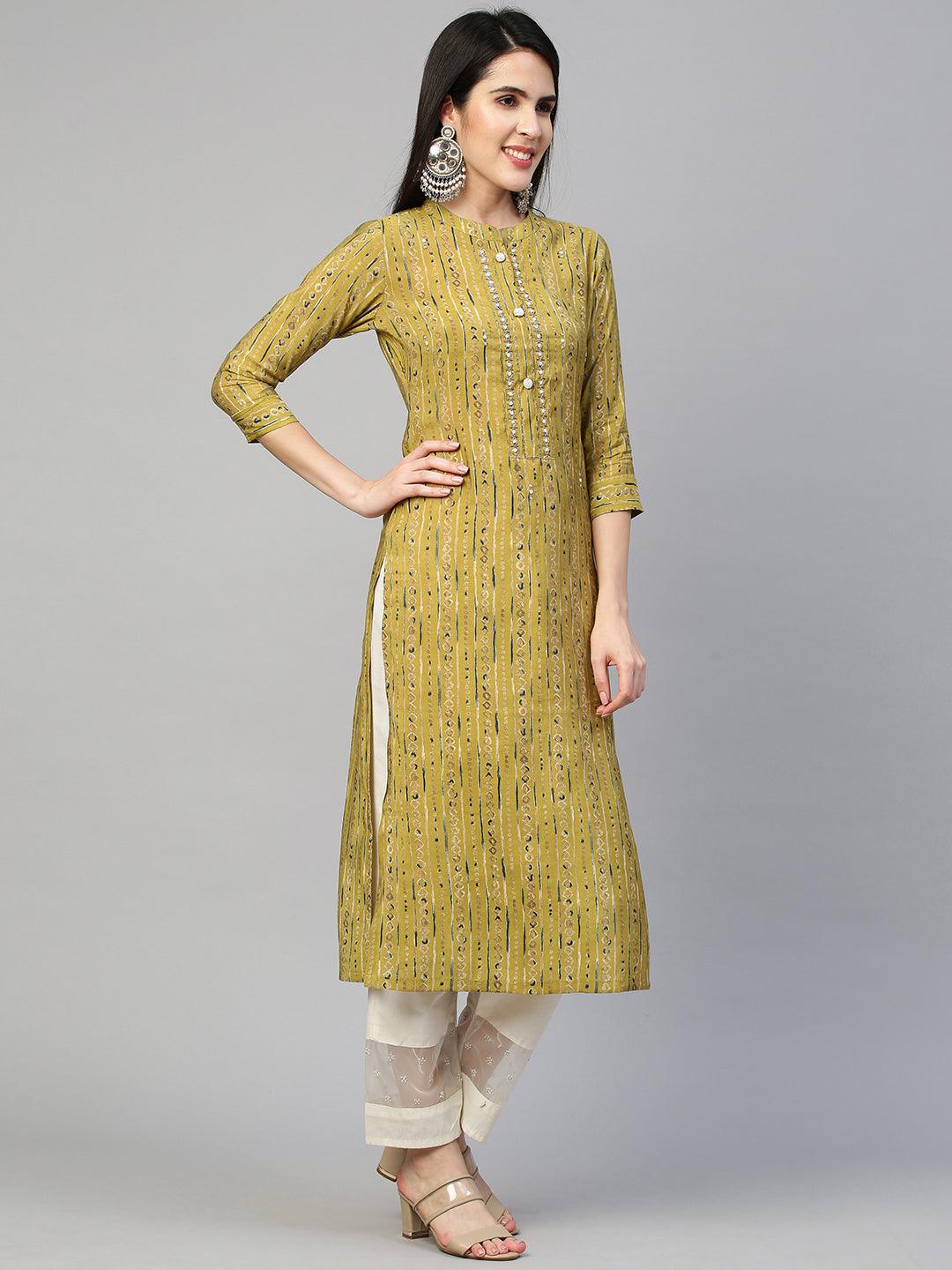 Ethnic Printed & Embroidered Kurta - Olive Green - Indiakreations