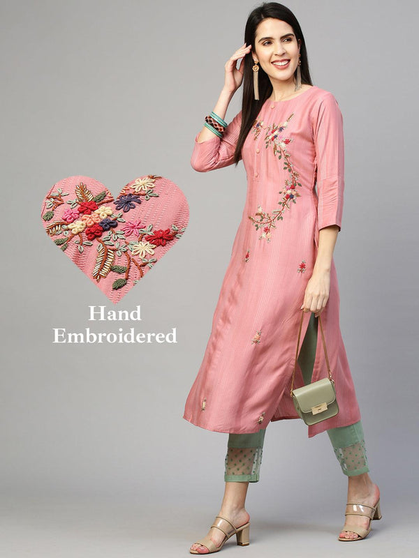 Ethnic Printed & Embroidered Kurta - Rouge Pink - Indiakreations