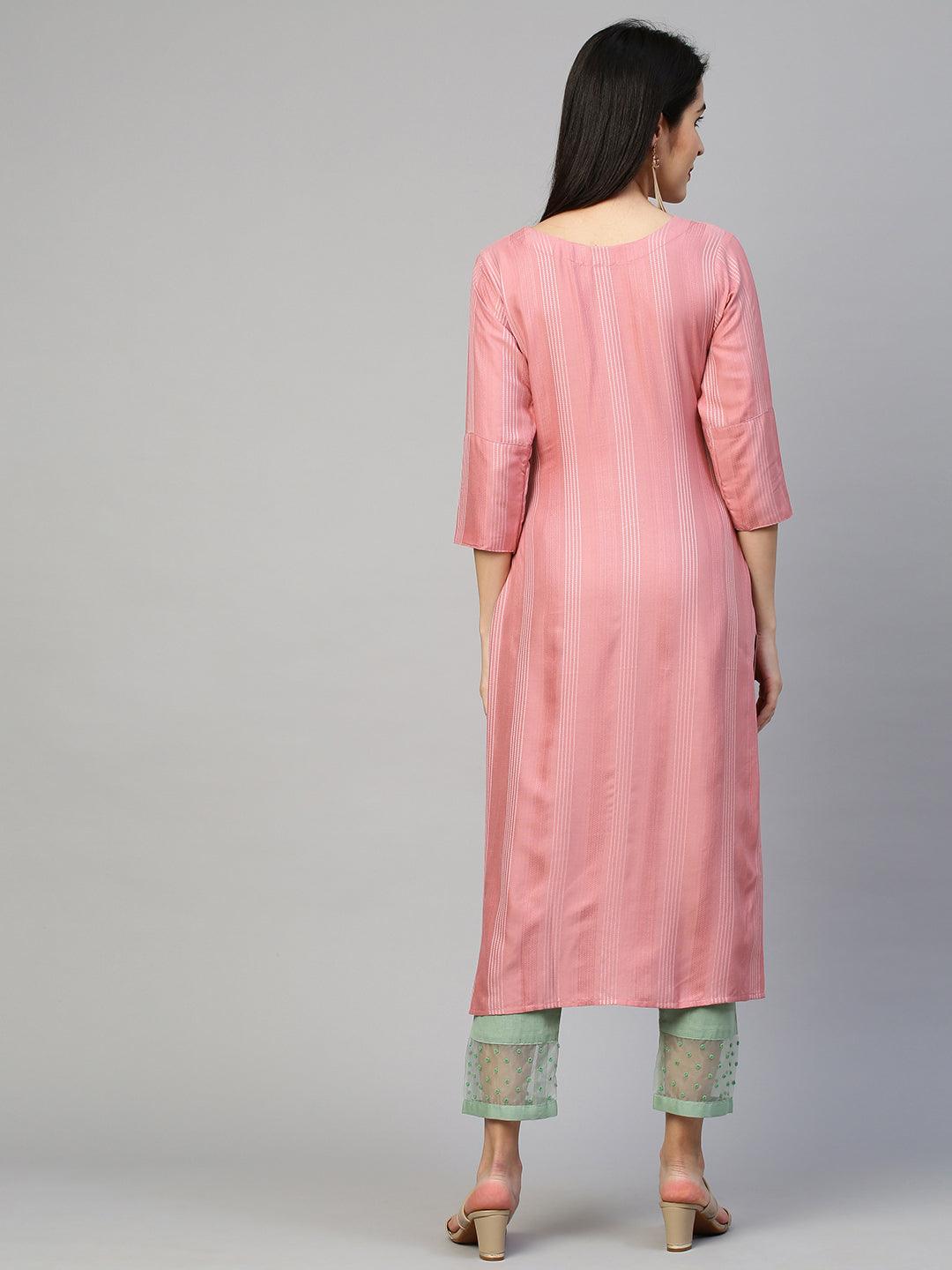 Ethnic Printed & Embroidered Kurta - Rouge Pink - Indiakreations