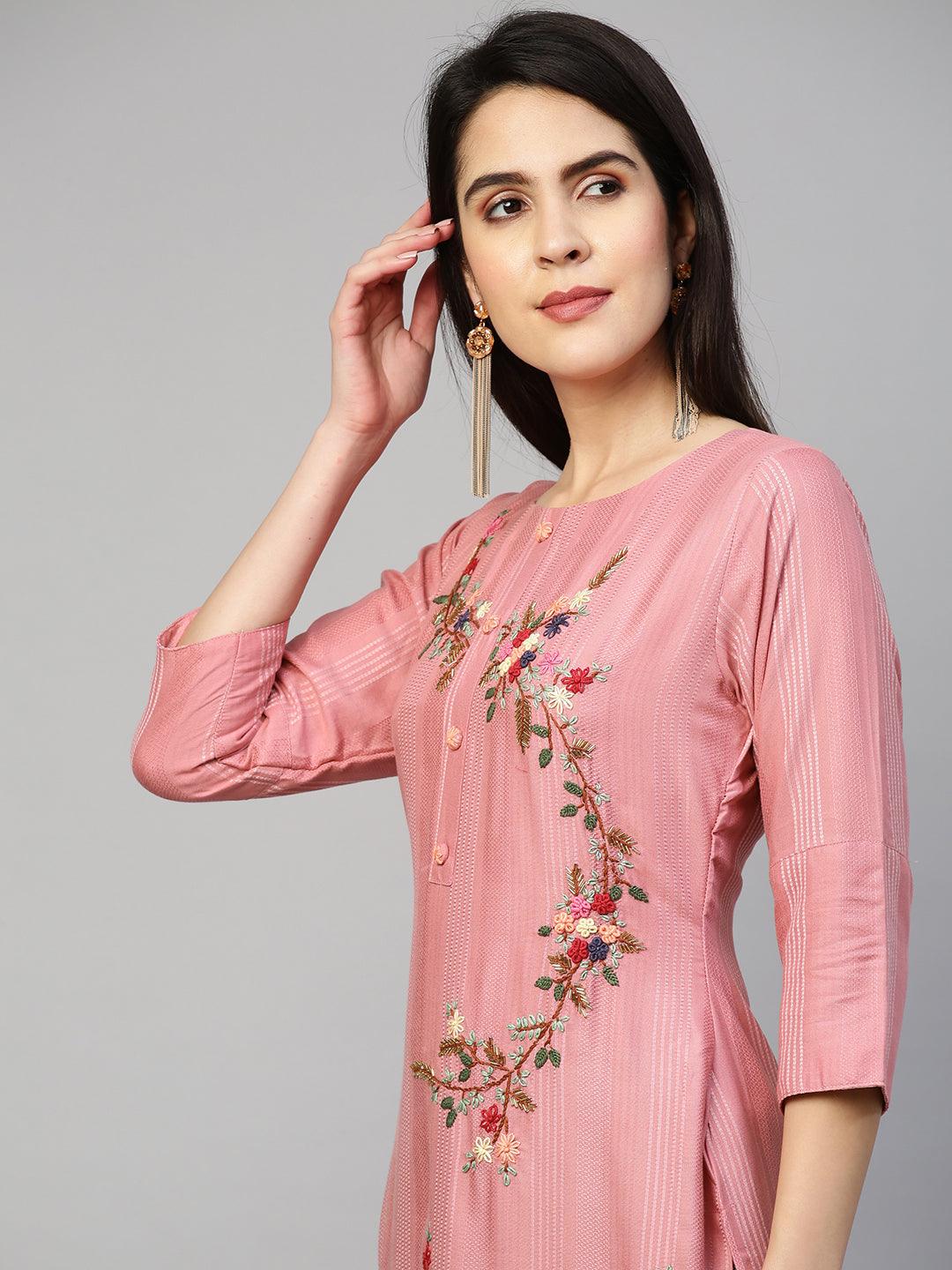 Ethnic Printed & Embroidered Kurta - Rouge Pink - Indiakreations