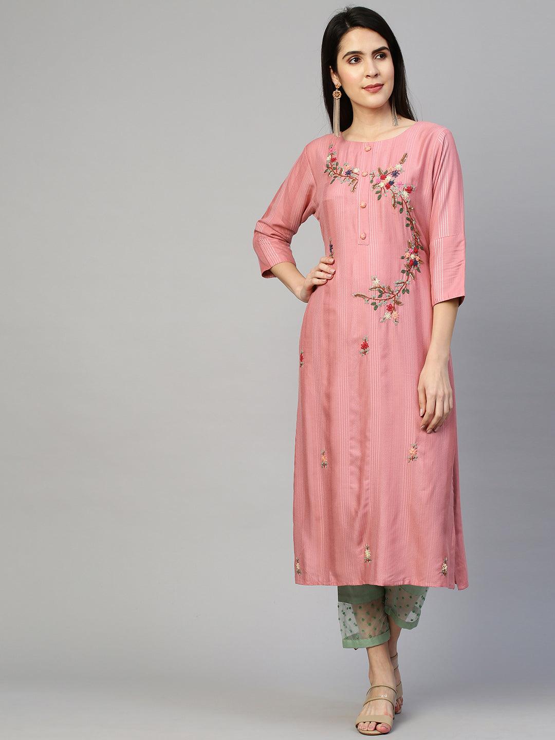 Ethnic Printed & Embroidered Kurta - Rouge Pink - Indiakreations