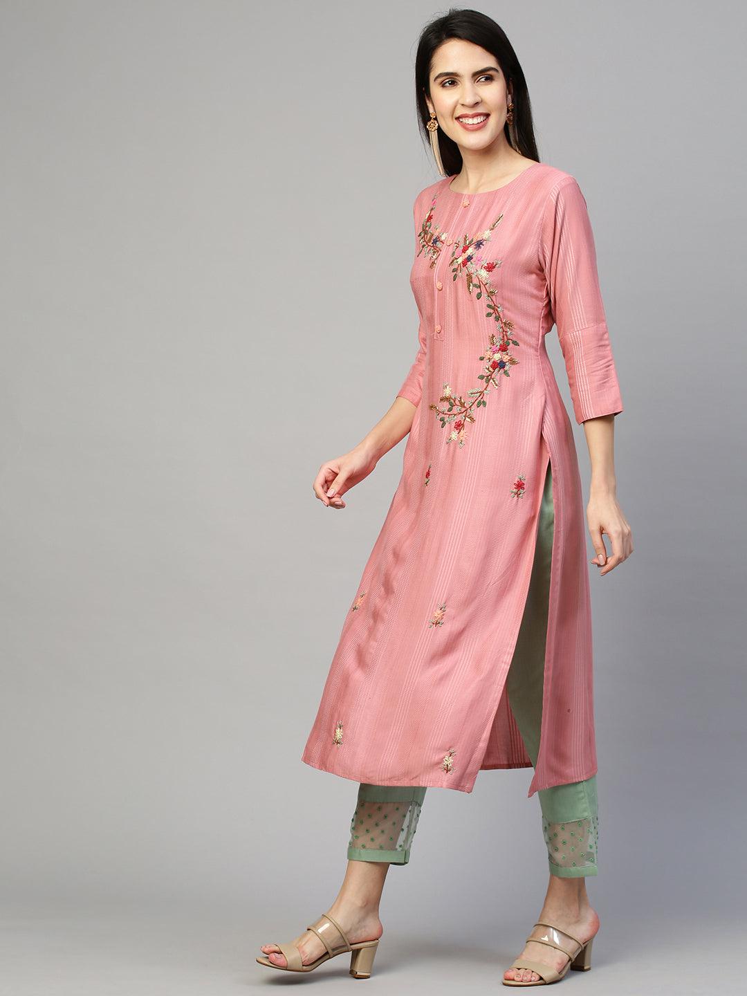 Ethnic Printed & Embroidered Kurta - Rouge Pink - Indiakreations