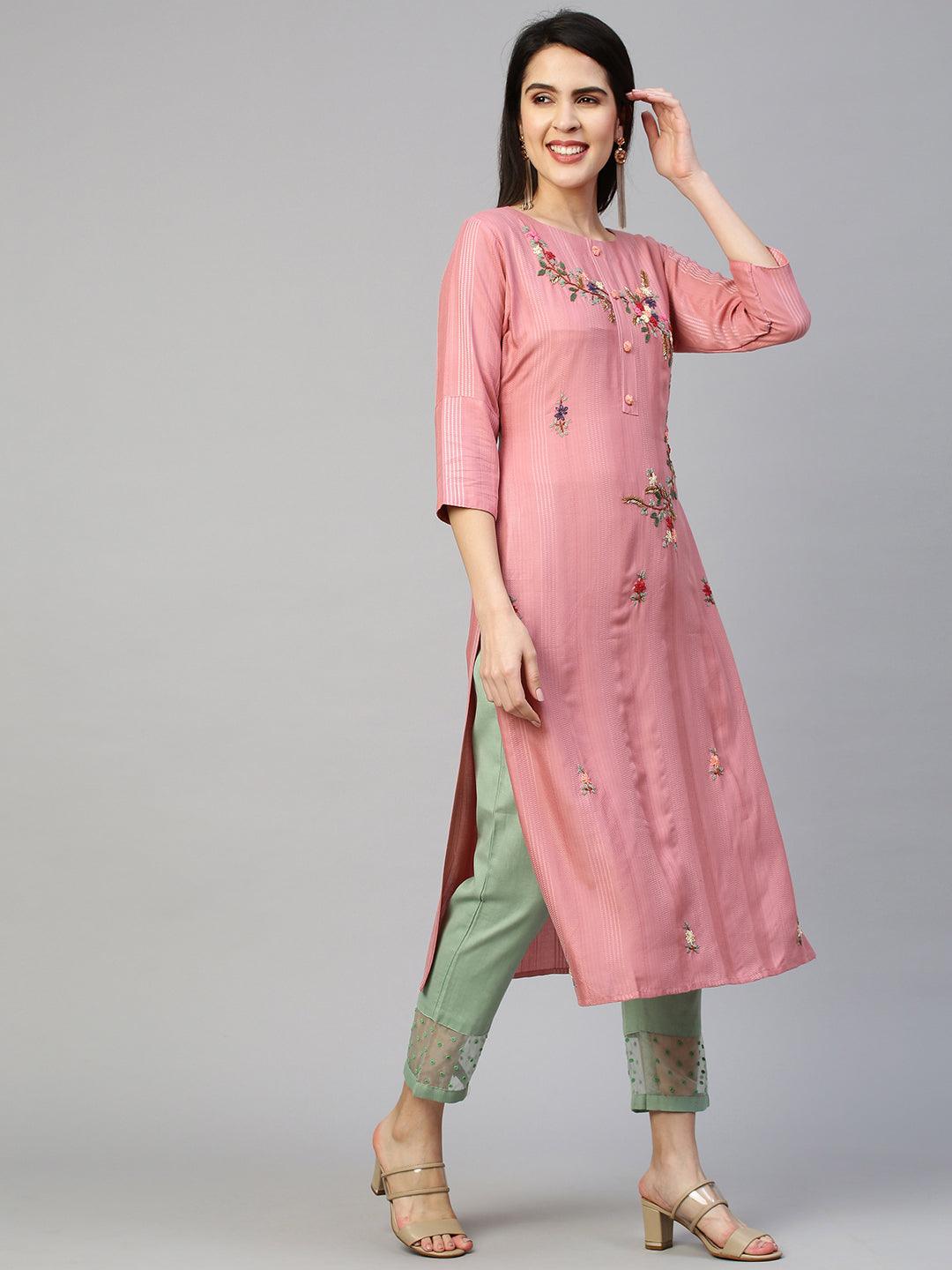 Ethnic Printed & Embroidered Kurta - Rouge Pink - Indiakreations