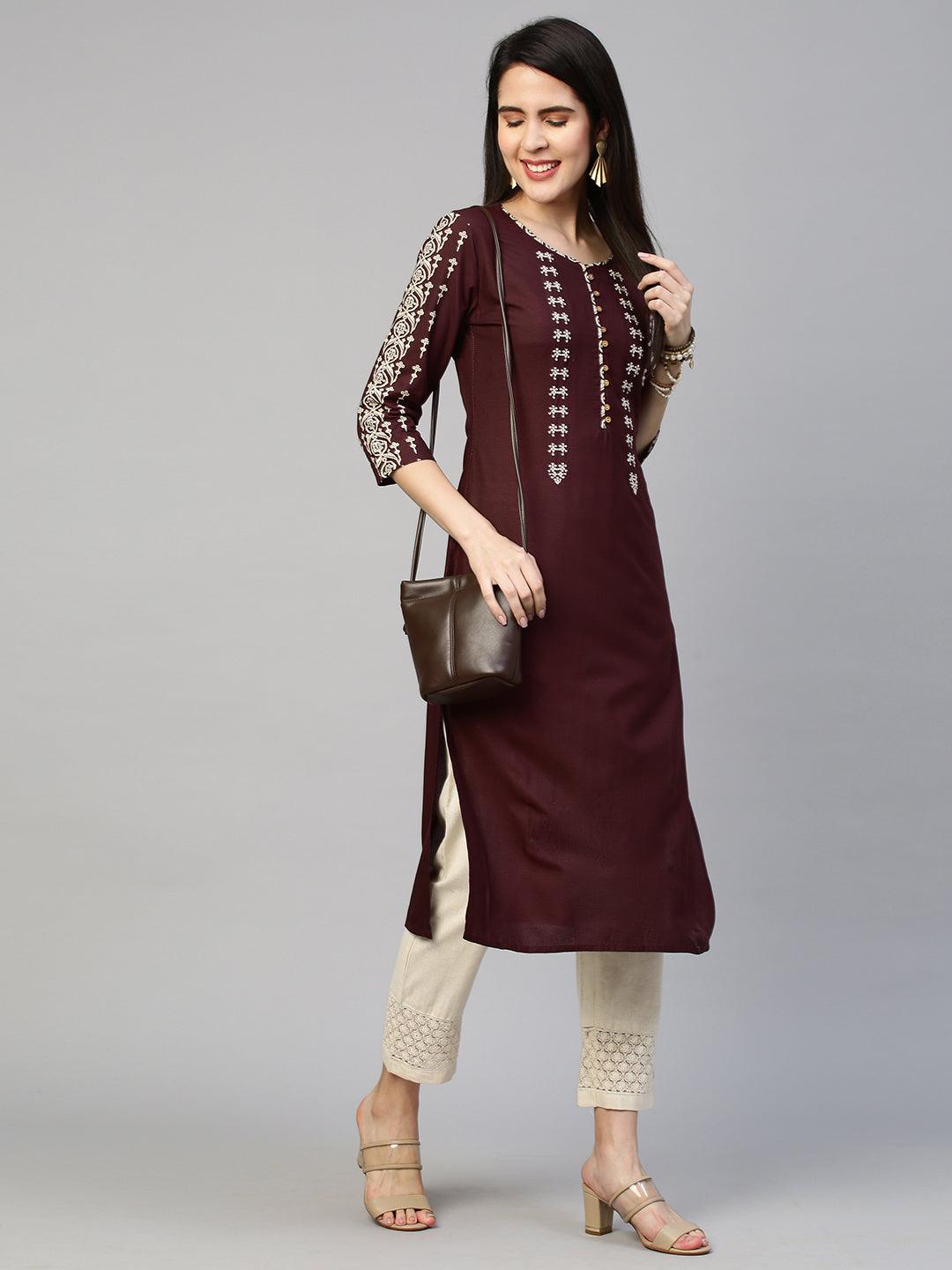 Chevron & Embroidered Straight Kurta - Deep Maroon - Indiakreations