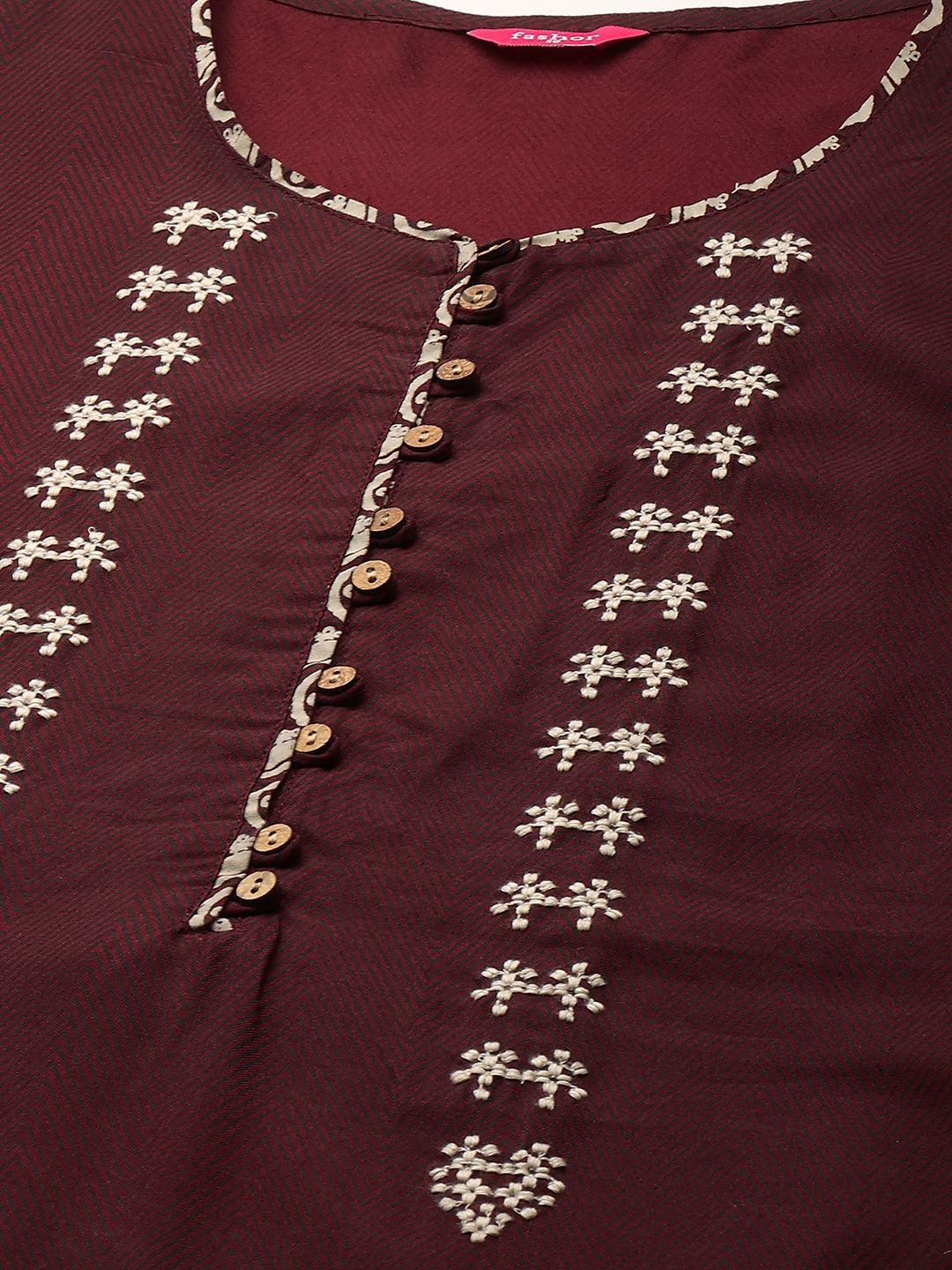 Chevron & Embroidered Straight Kurta - Deep Maroon - Indiakreations