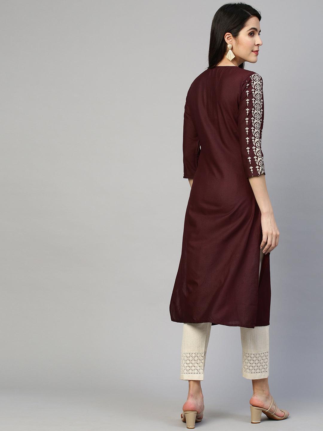 Chevron & Embroidered Straight Kurta - Deep Maroon - Indiakreations