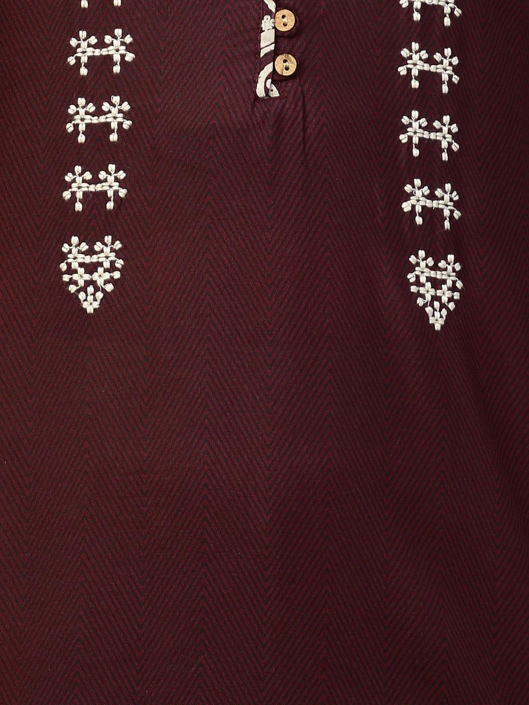 Chevron & Embroidered Straight Kurta - Deep Maroon - Indiakreations