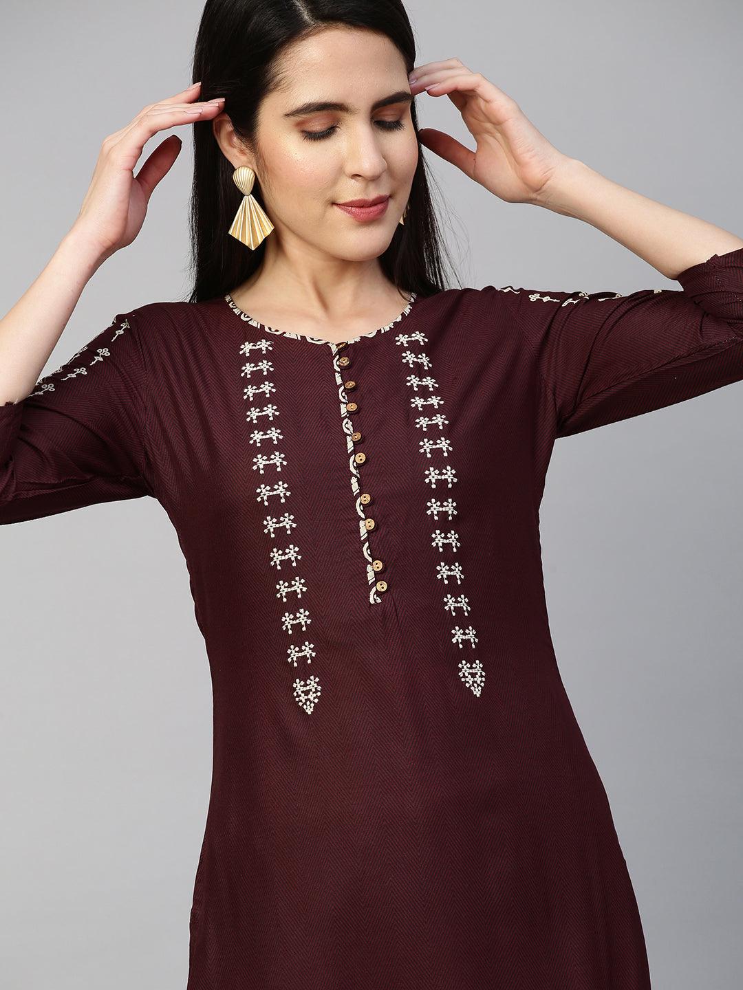 Chevron & Embroidered Straight Kurta - Deep Maroon - Indiakreations