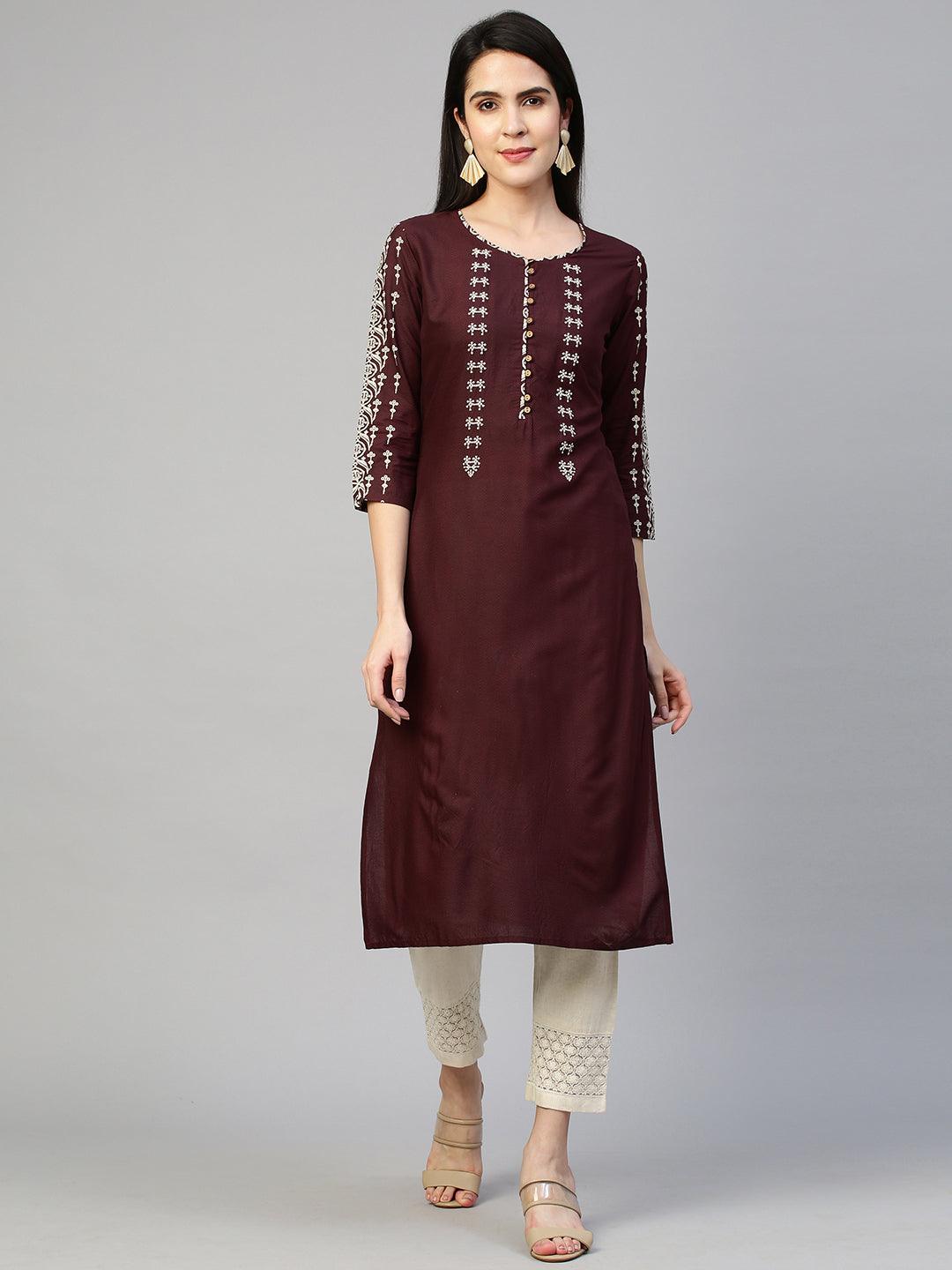 Chevron & Embroidered Straight Kurta - Deep Maroon - Indiakreations