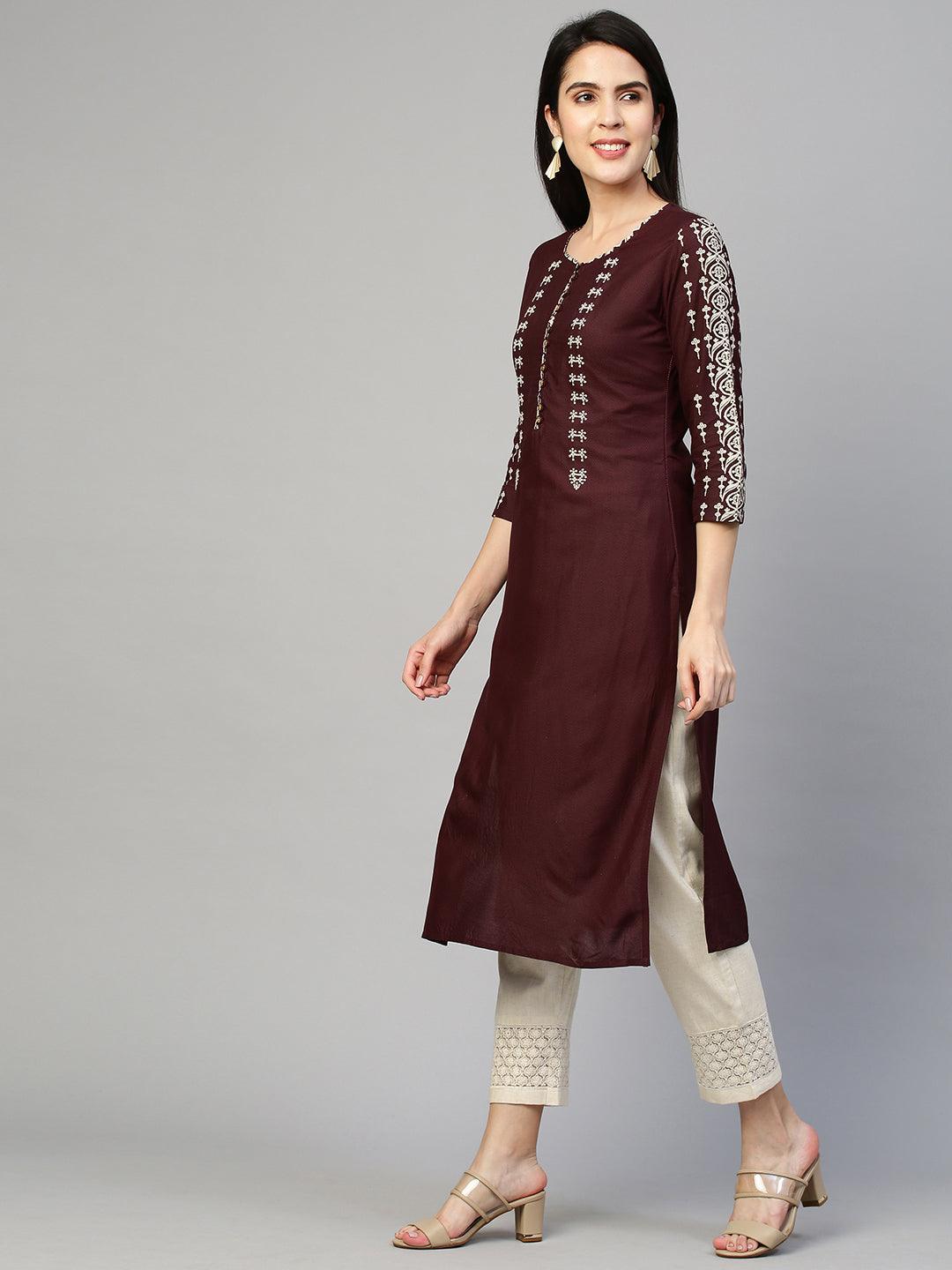 Chevron & Embroidered Straight Kurta - Deep Maroon - Indiakreations