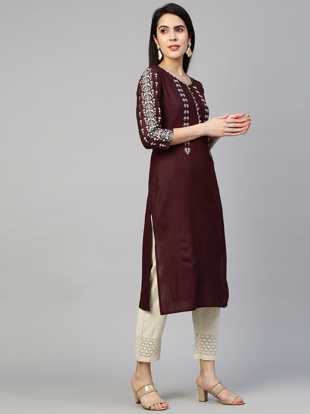 Chevron & Embroidered Straight Kurta - Deep Maroon - Indiakreations