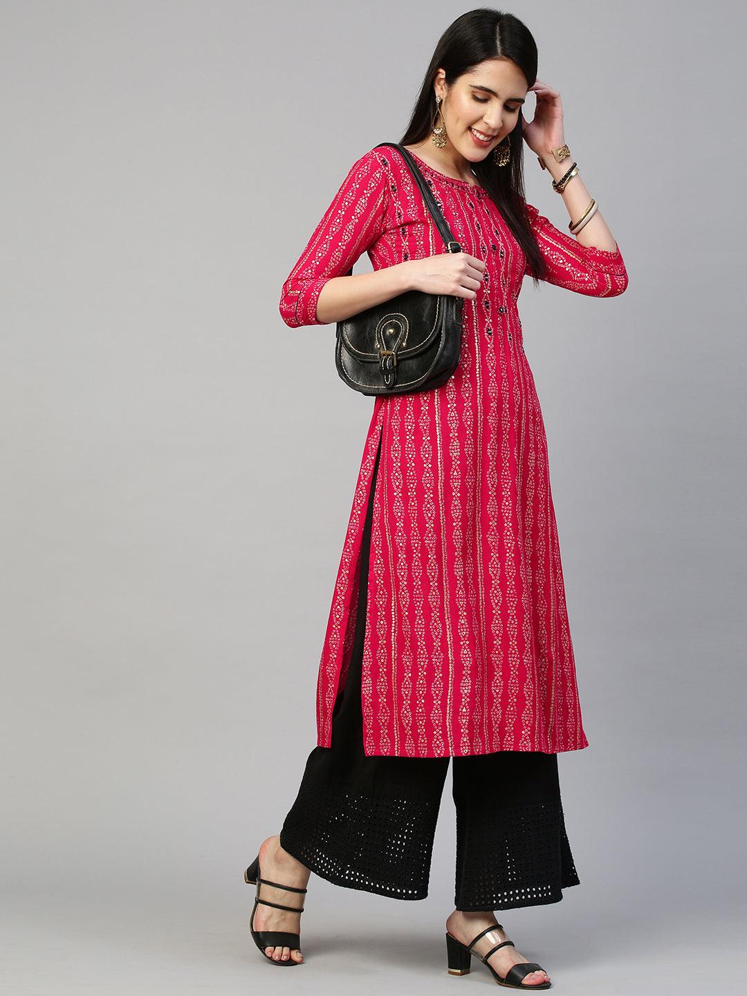 Bandhej Printed & Embroidered Kurta - Hot Pink - Indiakreations