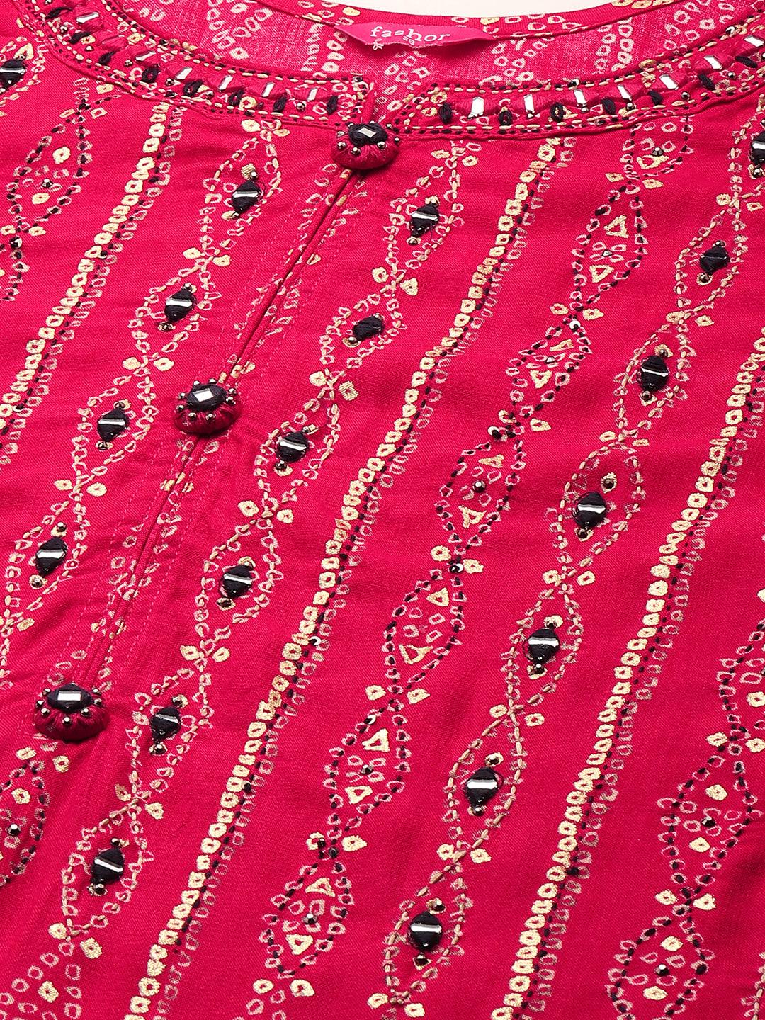 Bandhej Printed & Embroidered Kurta - Hot Pink - Indiakreations