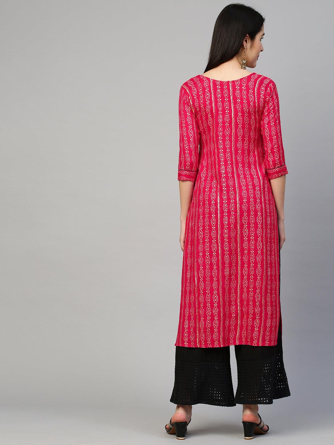 Bandhej Printed & Embroidered Kurta - Hot Pink - Indiakreations