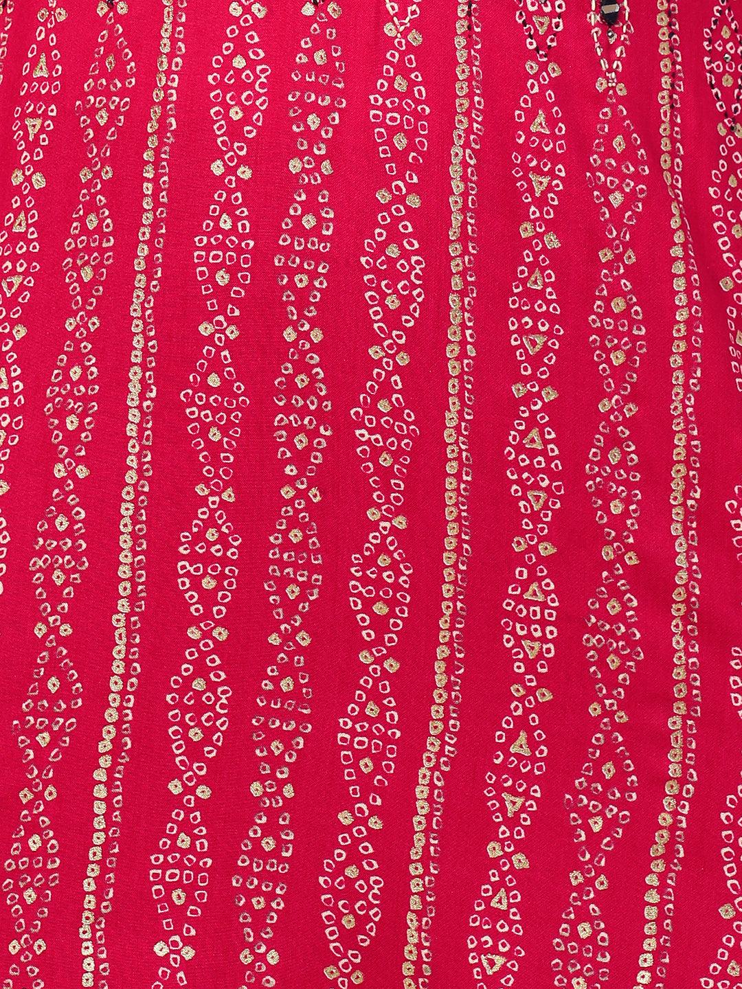 Bandhej Printed & Embroidered Kurta - Hot Pink - Indiakreations