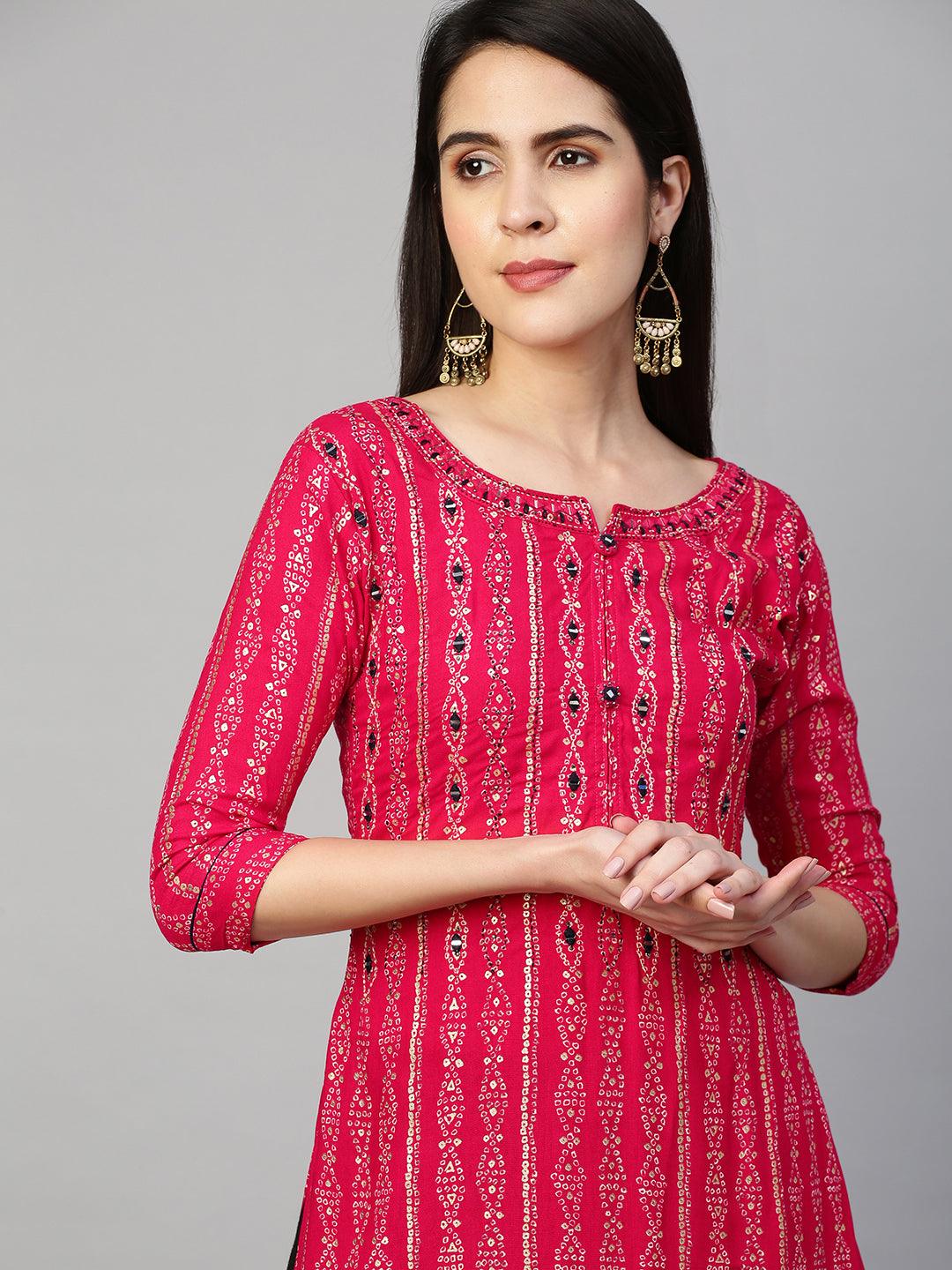 Bandhej Printed & Embroidered Kurta - Hot Pink - Indiakreations