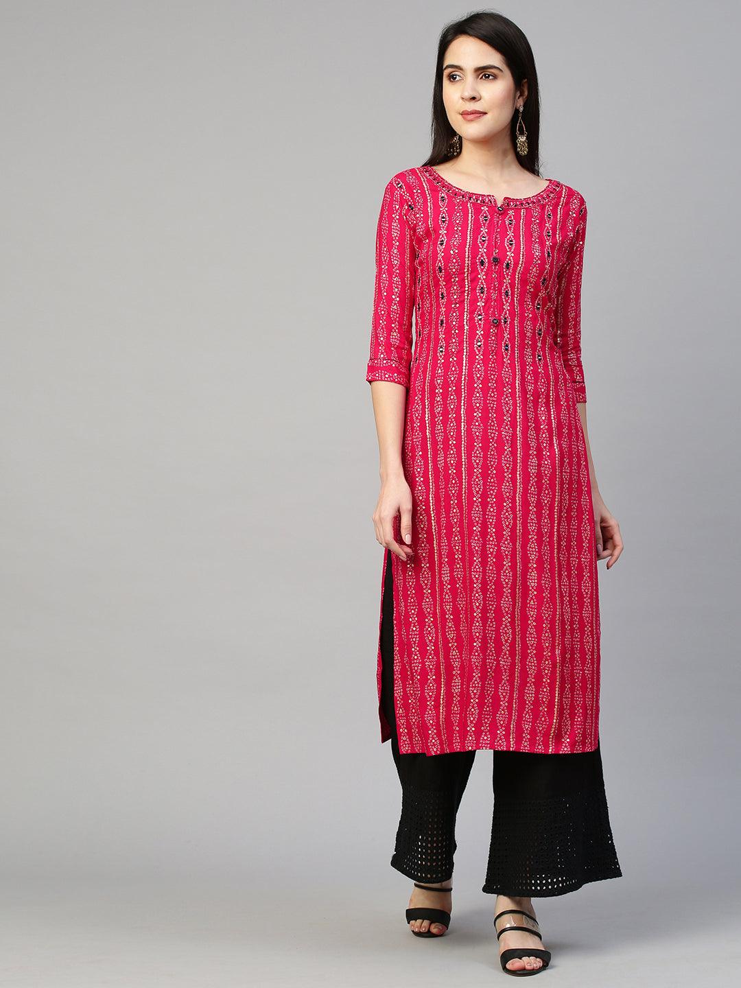 Bandhej Printed & Embroidered Kurta - Hot Pink - Indiakreations