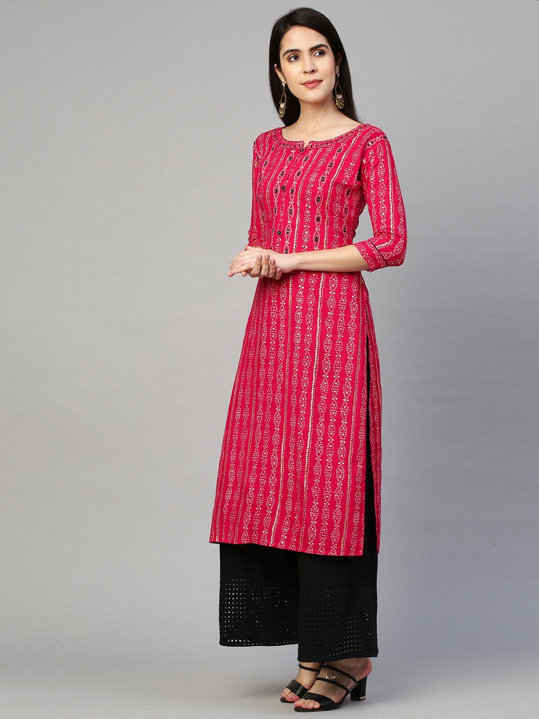 Bandhej Printed & Embroidered Kurta - Hot Pink - Indiakreations