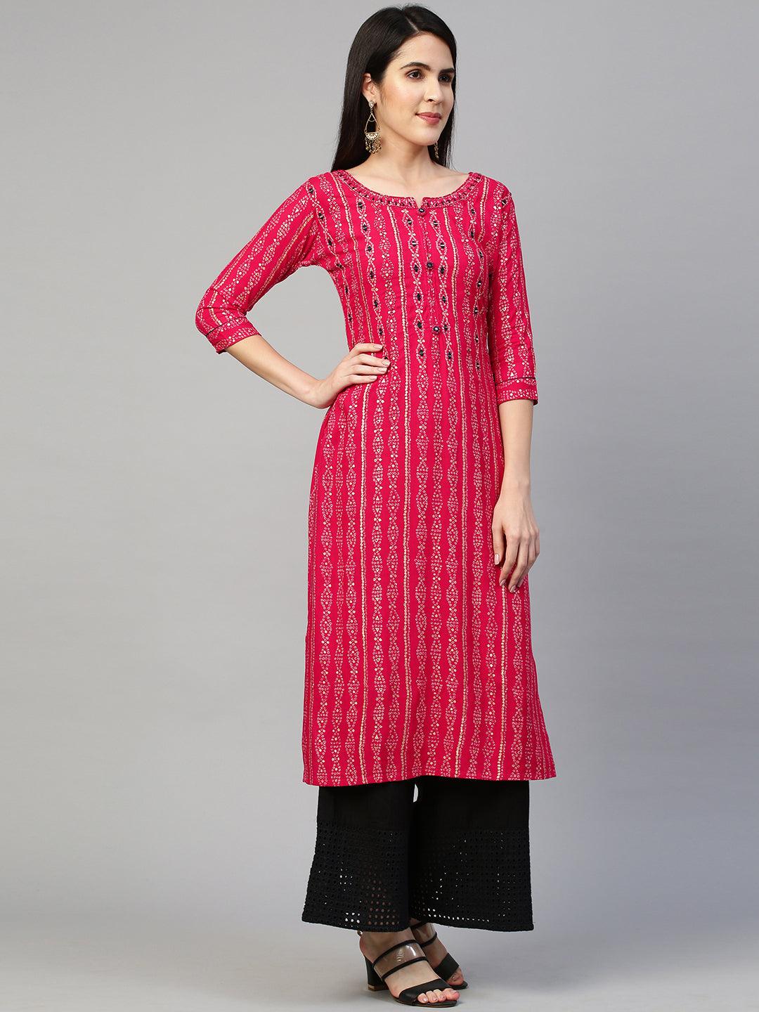 Bandhej Printed & Embroidered Kurta - Hot Pink - Indiakreations