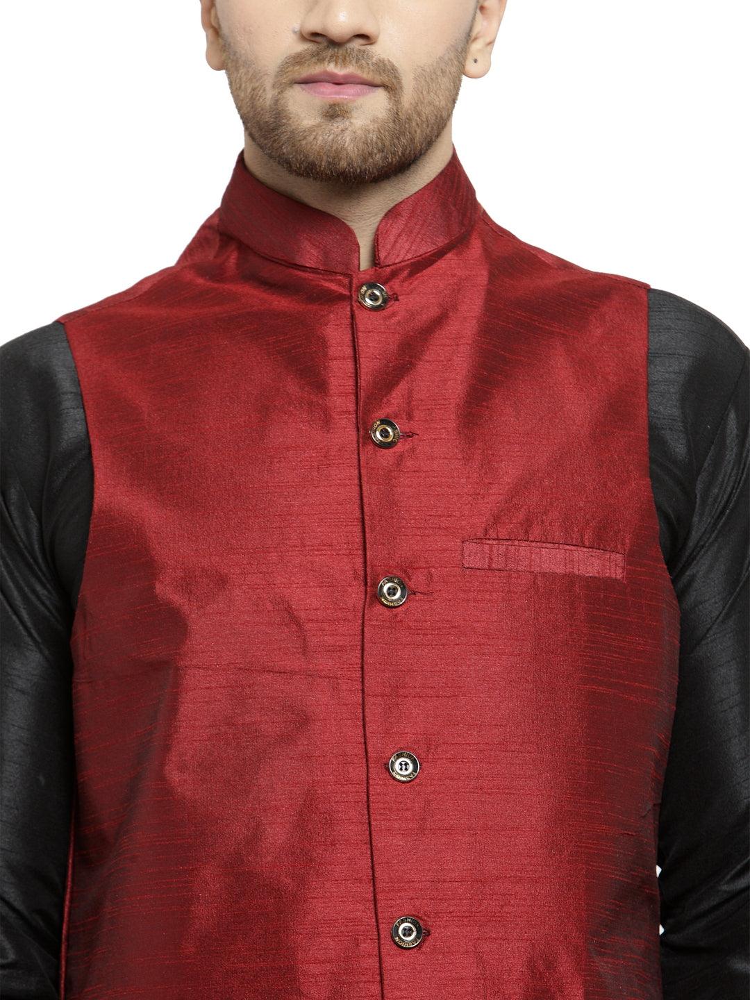 Men's Maroon Solid Nehru Jacket - Benstoke - Indiakreations