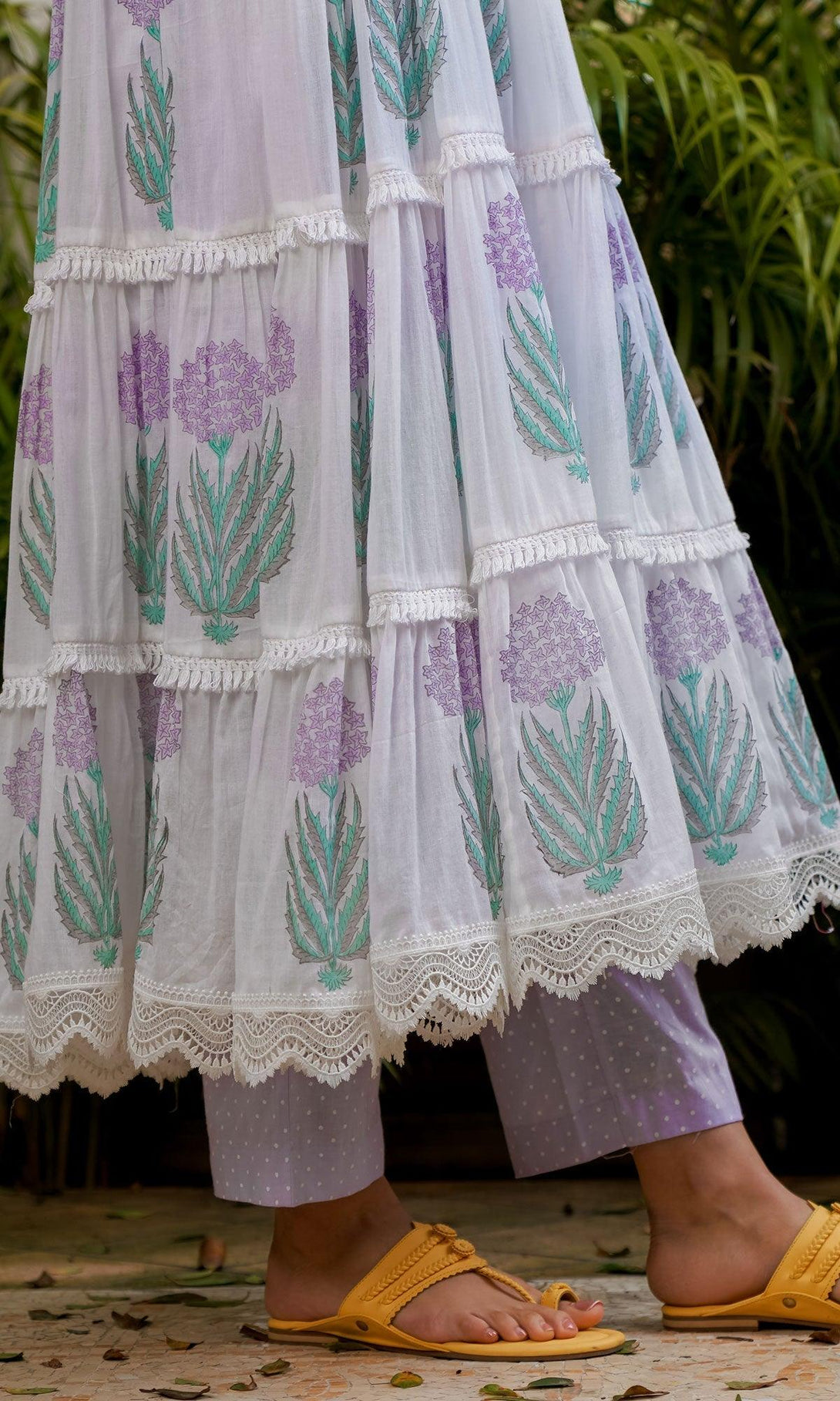 SUKOON LILAC PRINTED TIERED ANARKALI WITH PANTS AND DUPATTA - SET OF 3 - Indiakreations