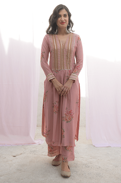 Ambara Soft Pink digital printed yoke kurta with palazzo and mint dupatta - RTS - Indiakreations