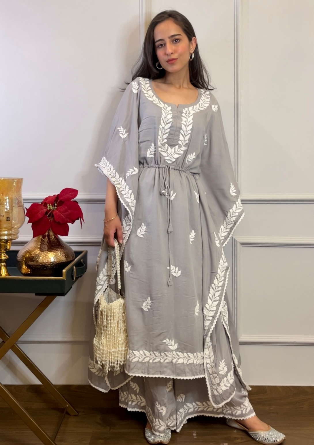 Afreen kaftan set with Chikankari embroidery and modal cotton in grey colour