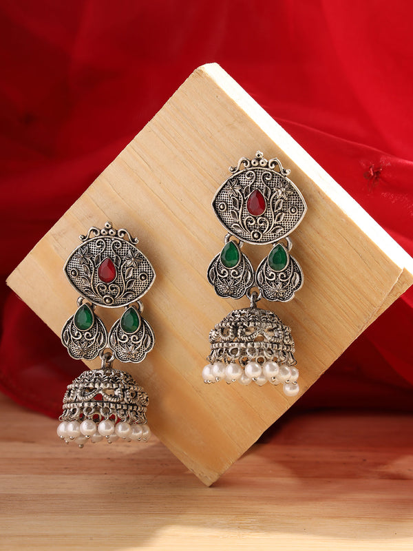 Women's Silver-Toned Ruby & Green Oxidised Classic Drop Jhumka Earrings - Jazz and Sizzle