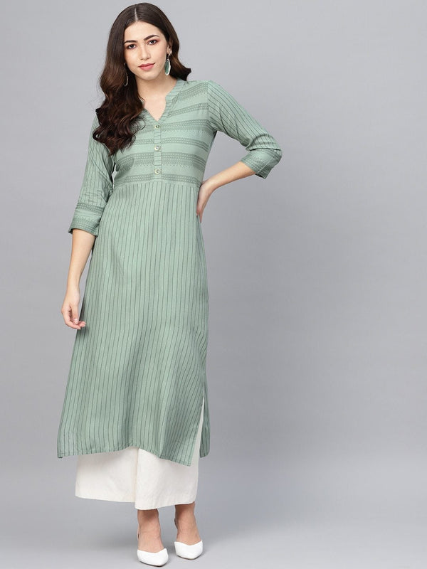 Women's Green Striped Straight Kurta - Meeranshi